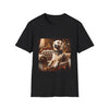 Black dog t-shirt featuring golden retriever in jeweled collar on ornate cream and gold settee, regal setting.