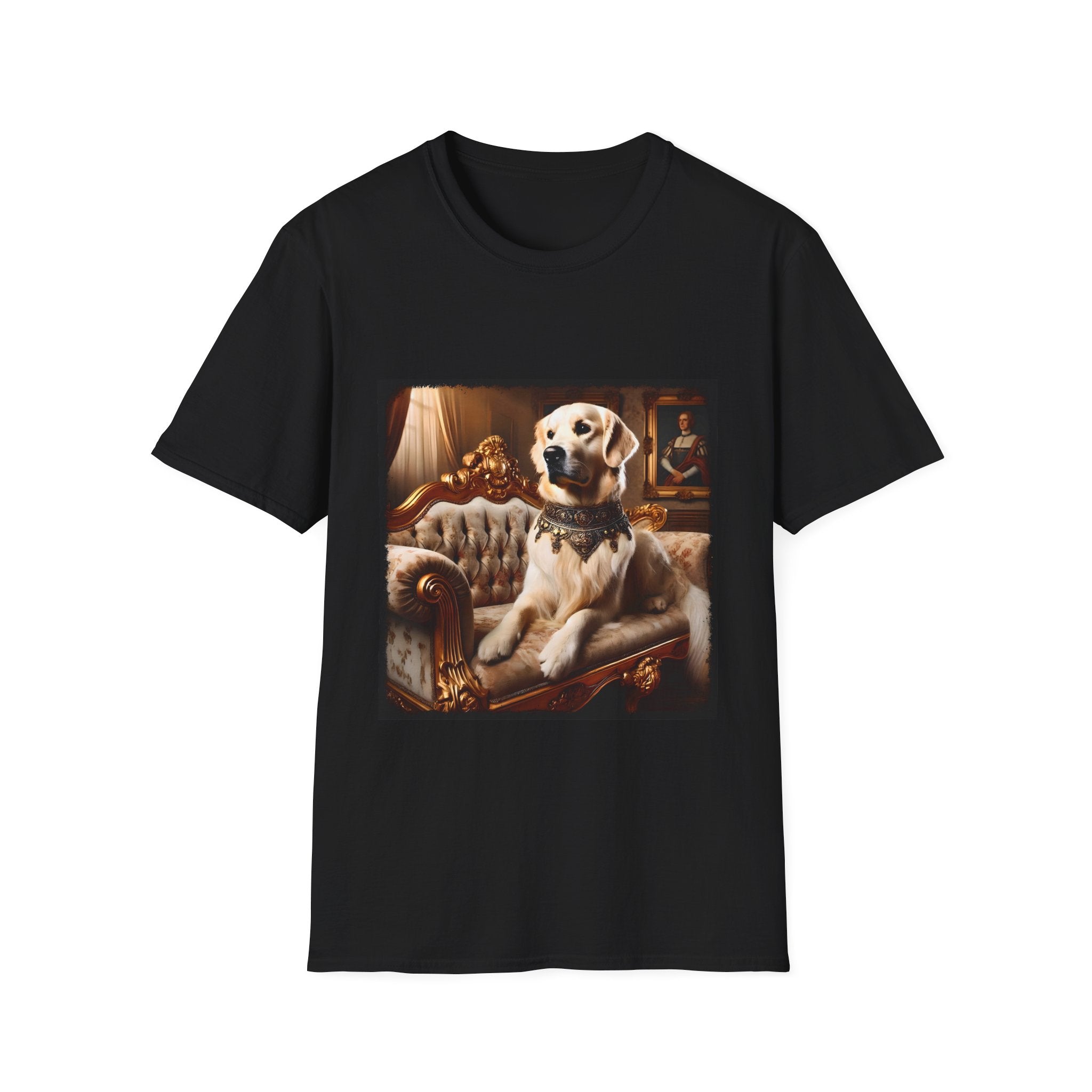 Black dog t-shirt featuring golden retriever in jeweled collar on ornate cream and gold settee, regal setting.