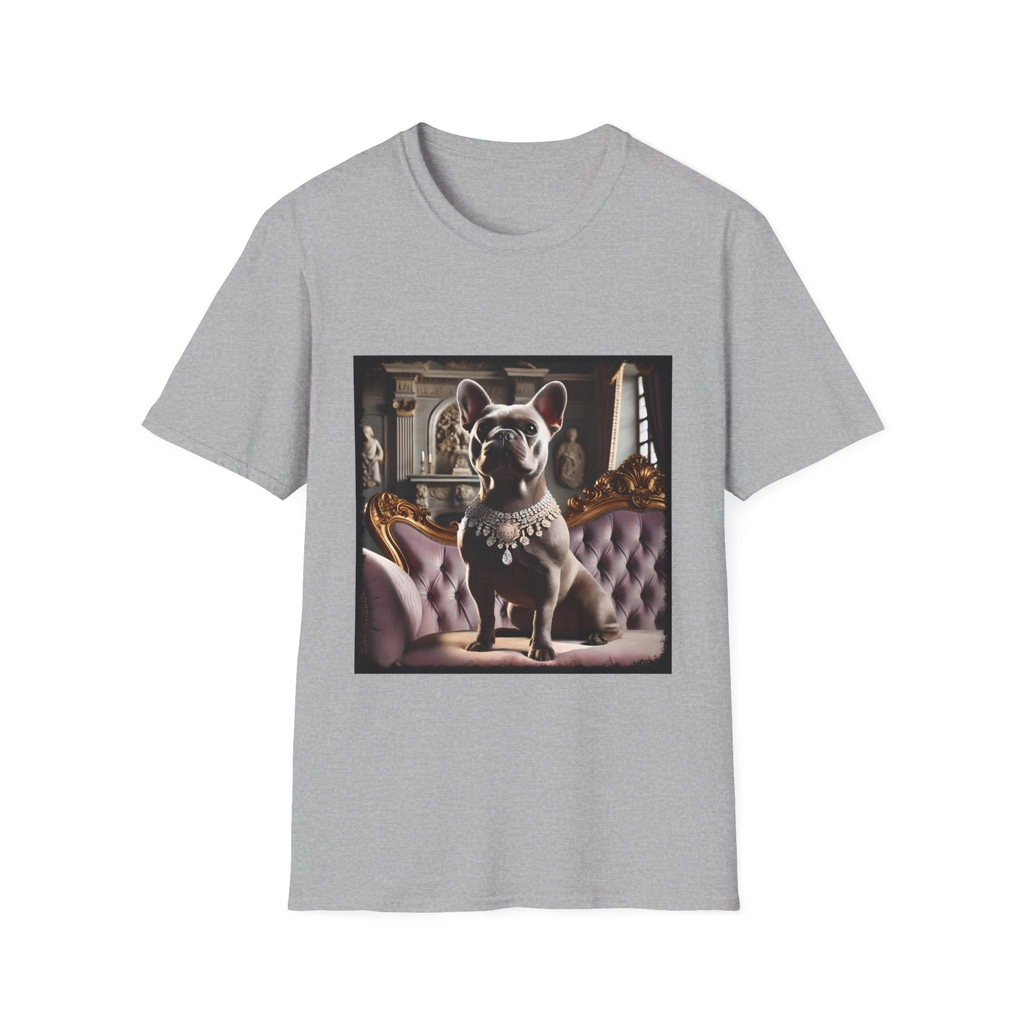 Sport gray dog t-shirt featuring gray French Bulldog in jeweled necklace on tufted settee with grand palace-style background.