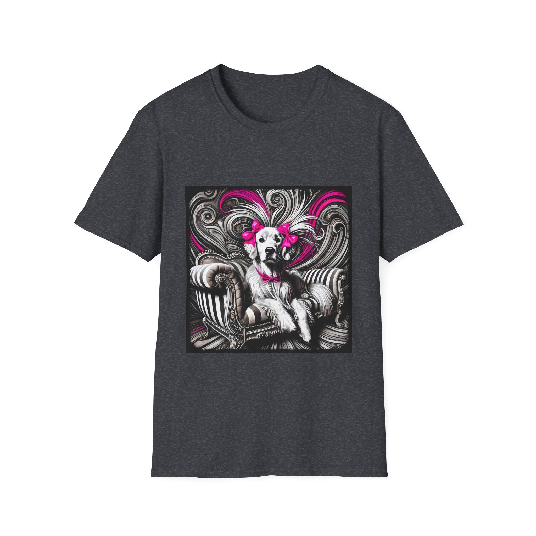 Dark heather dog t-shirt featuring black-and-white art of retriever with pink bows and swirling accents.