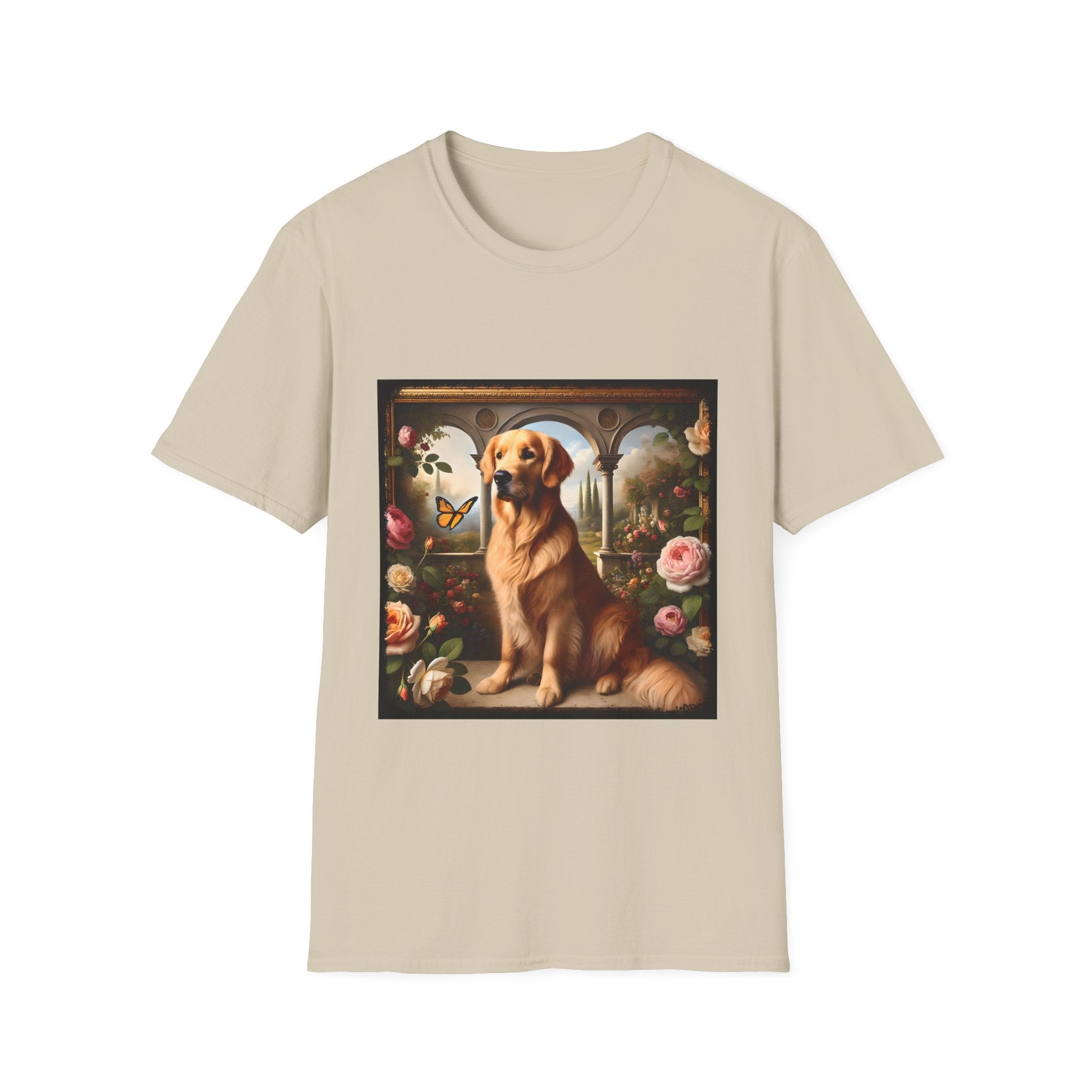 Sand dog t-shirt featuring golden retriever in garden scene with roses, archway, and butterfly.