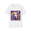 White dog t-shirt featuring neon-colored golden retriever with pink bow on vibrant electric abstract backdrop.