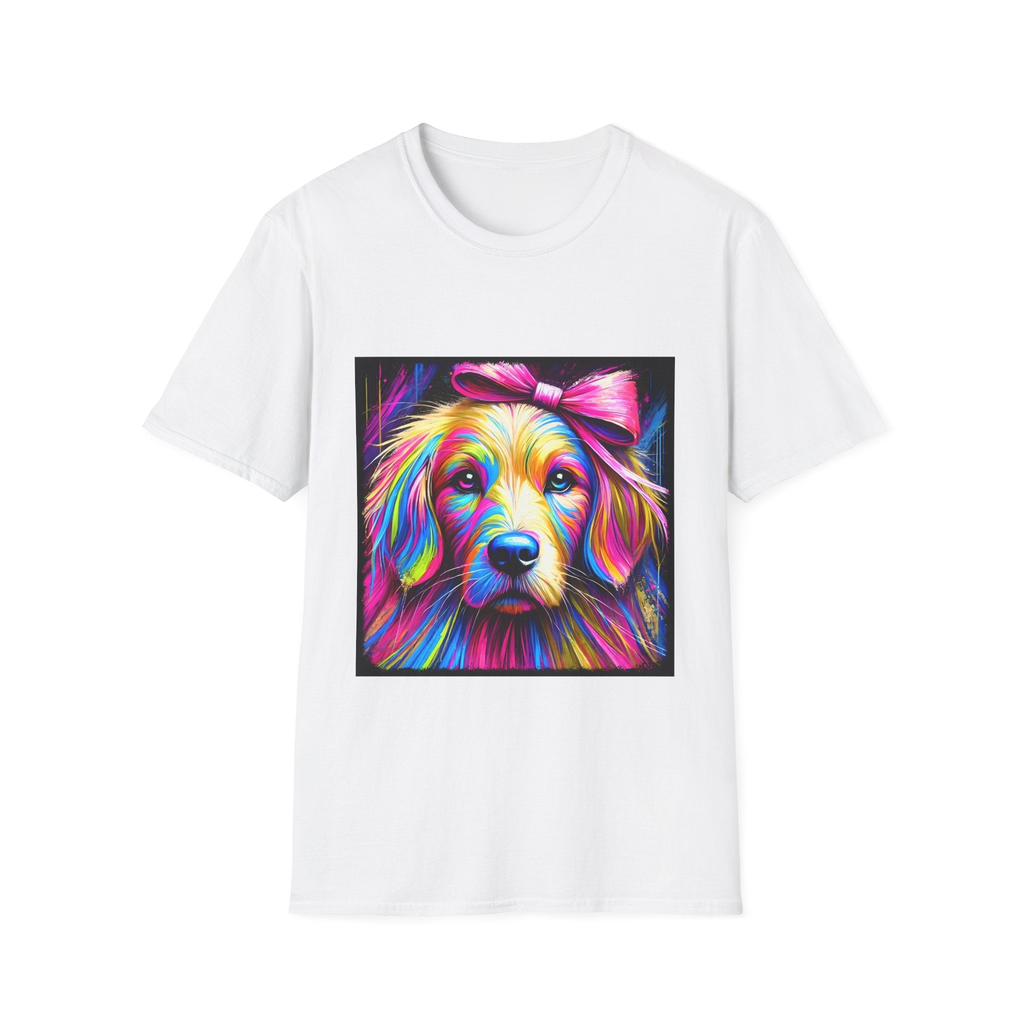 White dog t-shirt featuring neon-colored golden retriever with pink bow on vibrant electric abstract backdrop.