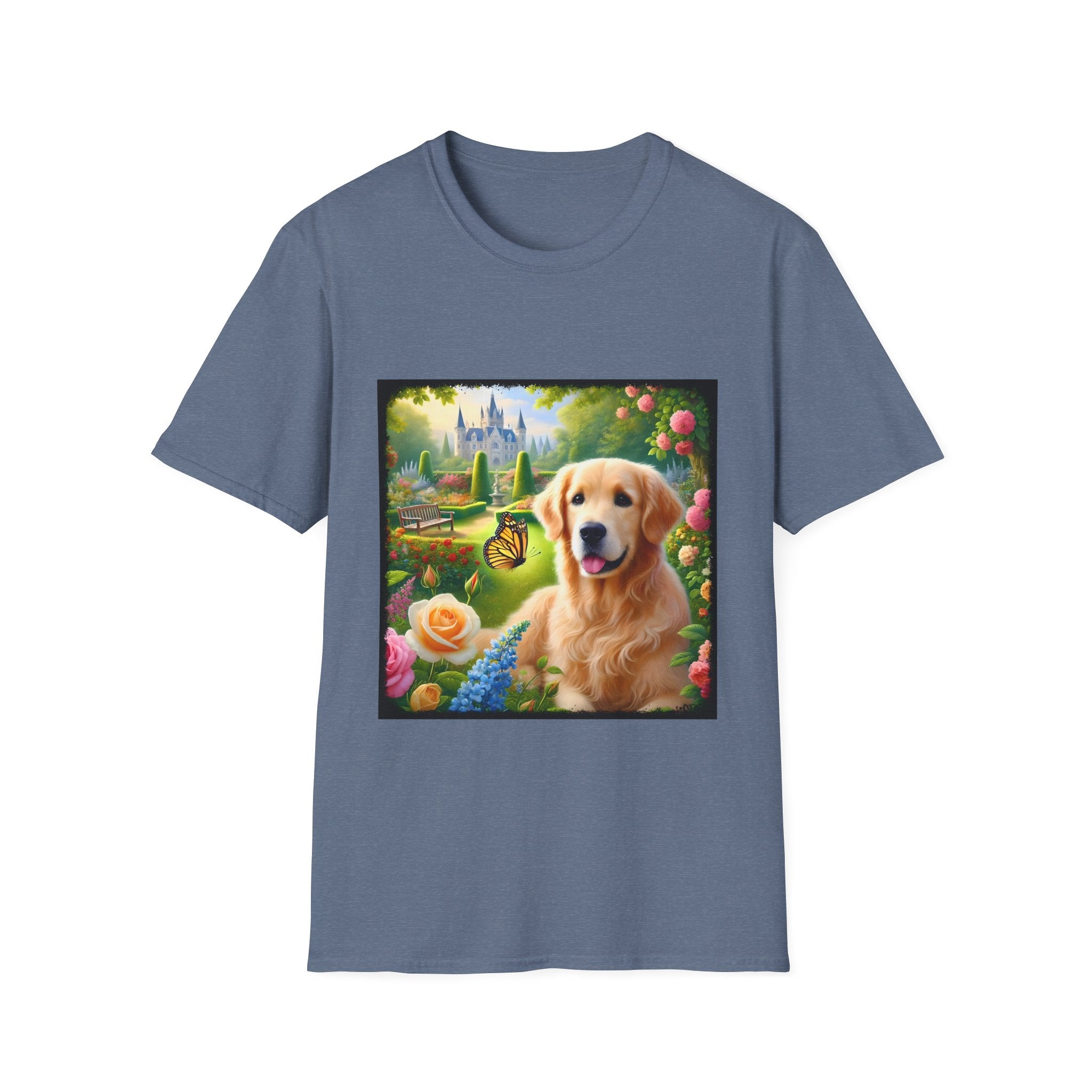 Heather indigo dog t-shirt featuring a golden retriever in a vibrant castle garden with blooming roses and a butterfly.