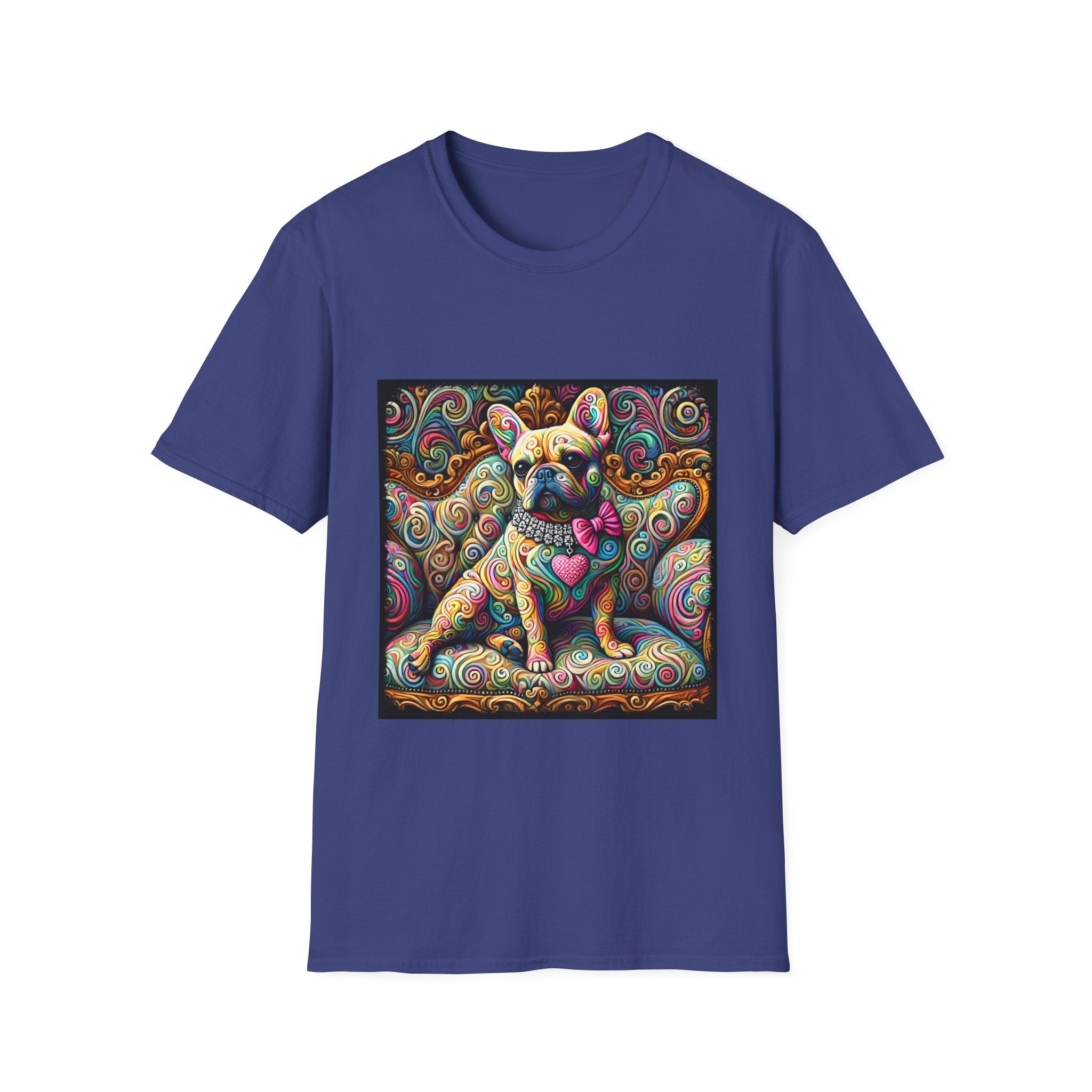 Royal blue dog t-shirt featuring a tan French Bulldog with pink bow and heart on a vivid rainbow swirl couch.