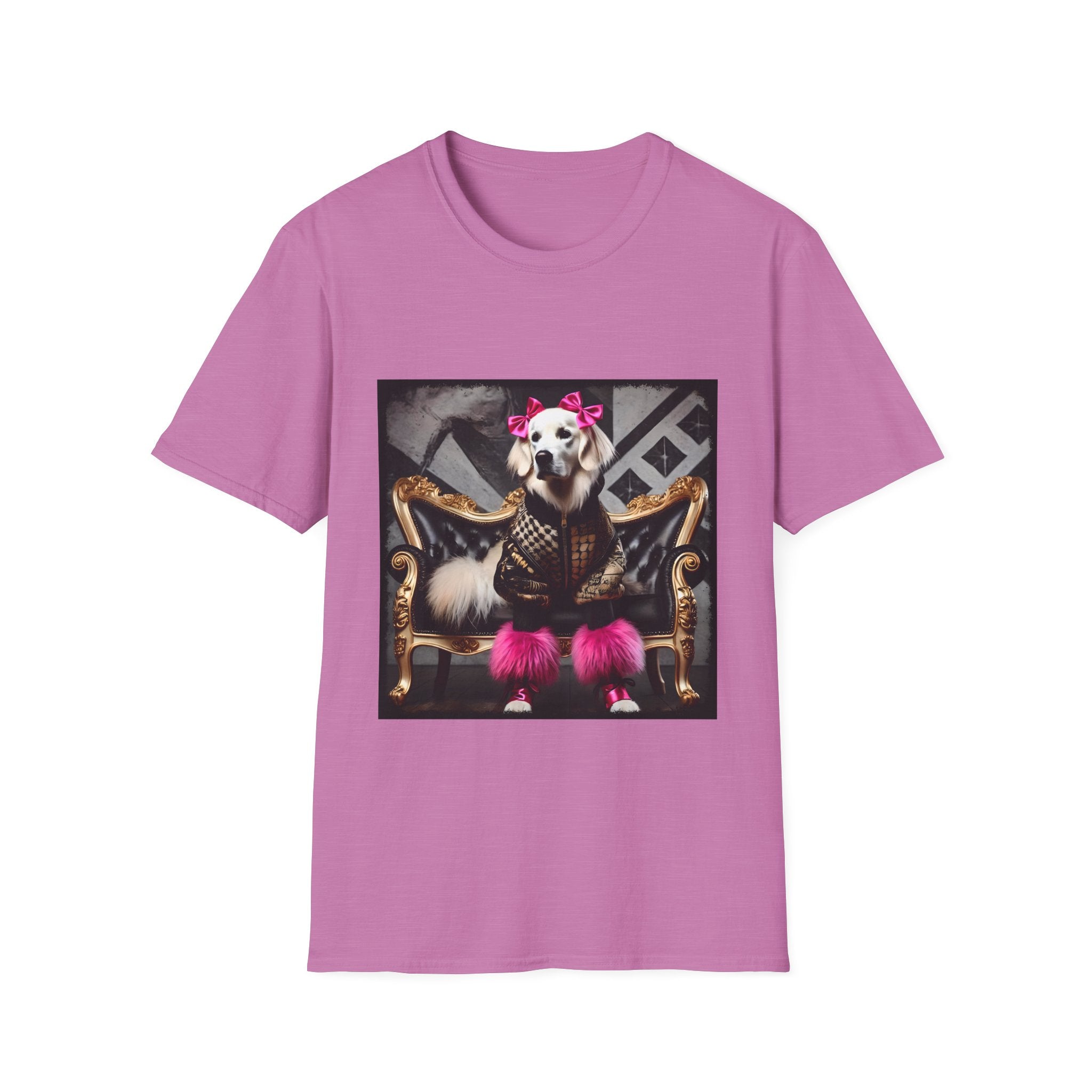 Pink Orchid dog t-shirt featuring white dog in pink bows and boots on gold settee with edgy gray backdrop.