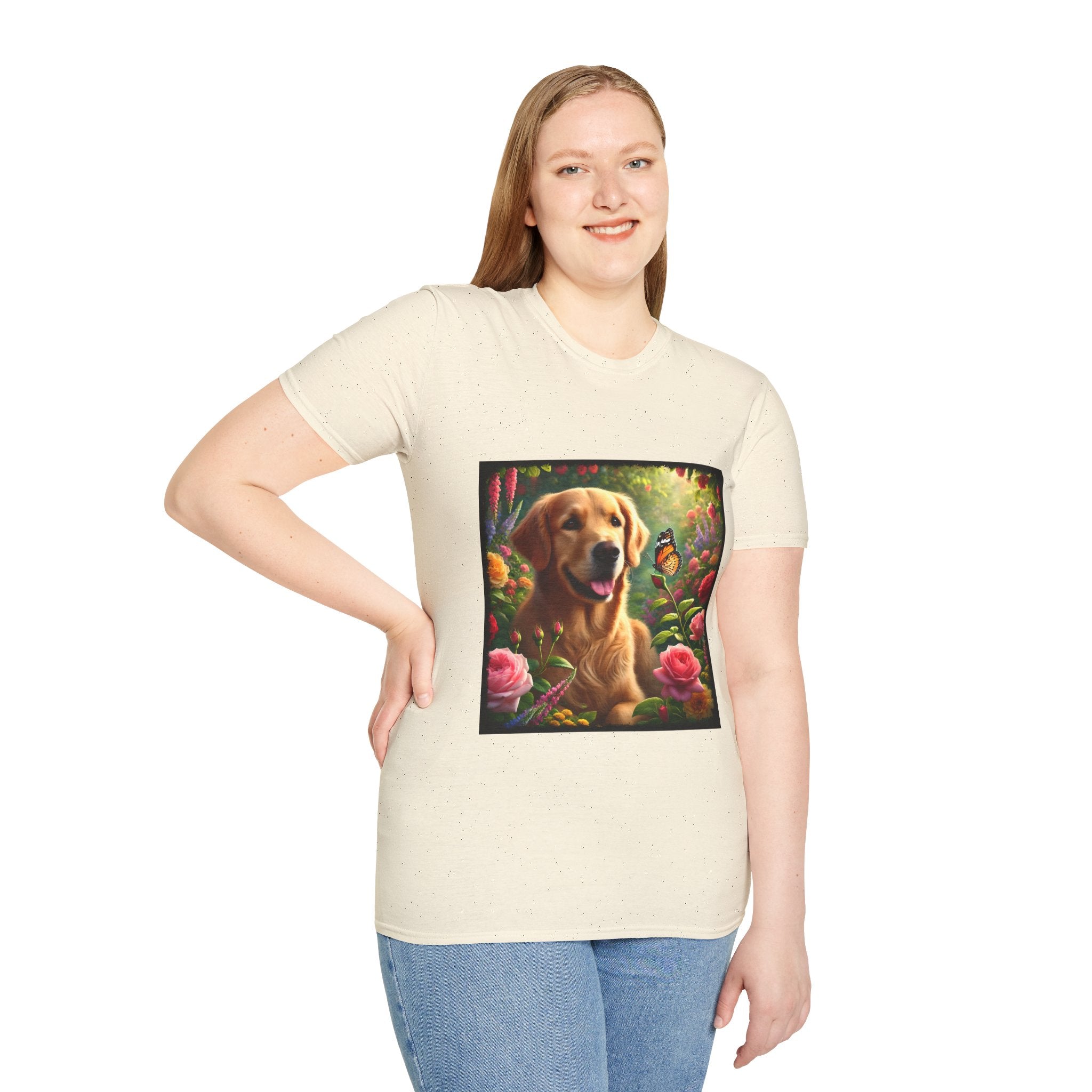 Female model wears natural dog t-shirt featuring a golden retriever in a vibrant garden with roses, wildflowers, and a butterfly.