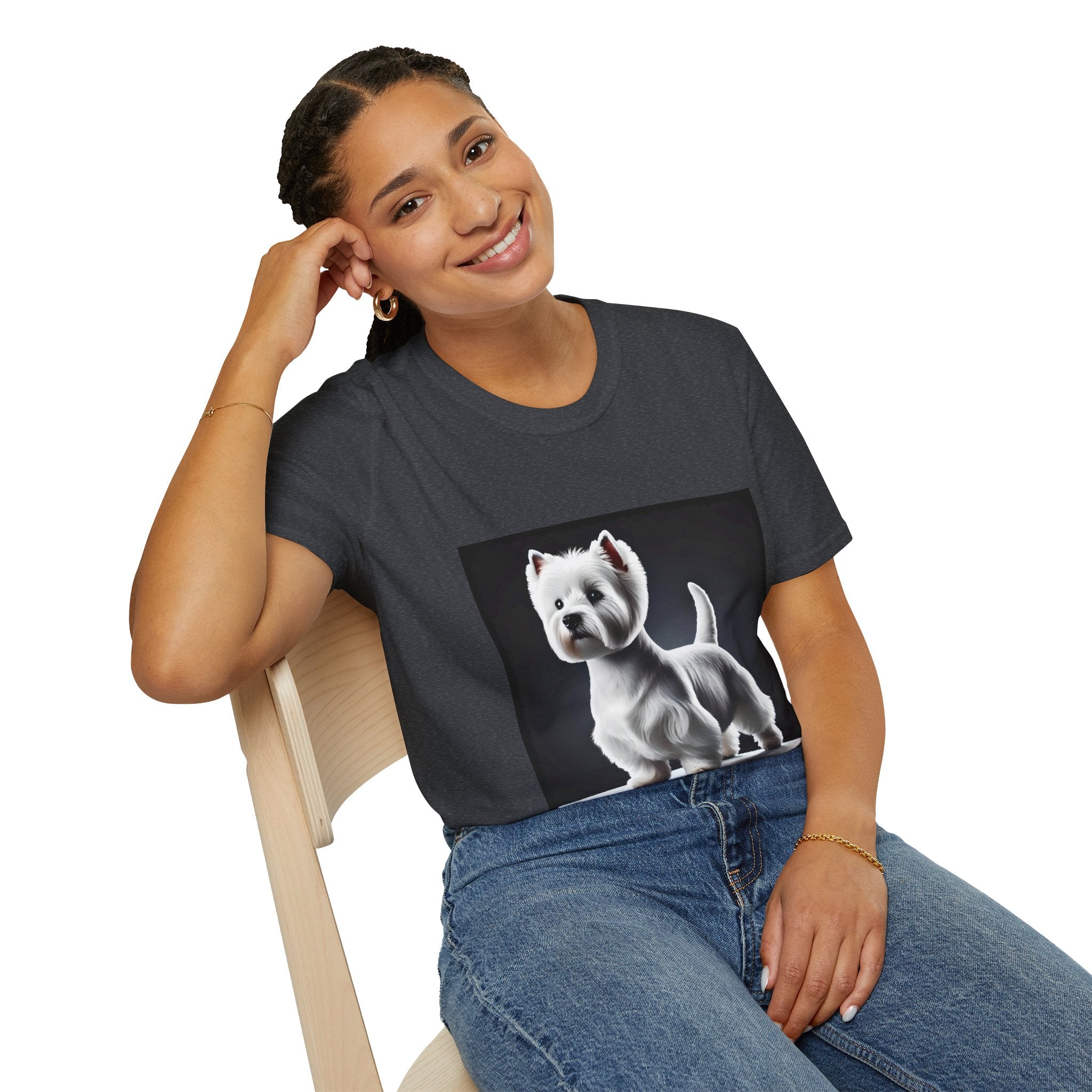 Female model in dark heather gray dog t-shirt featuring a Westie standing proud on a platform against a dramatic dark backdrop.