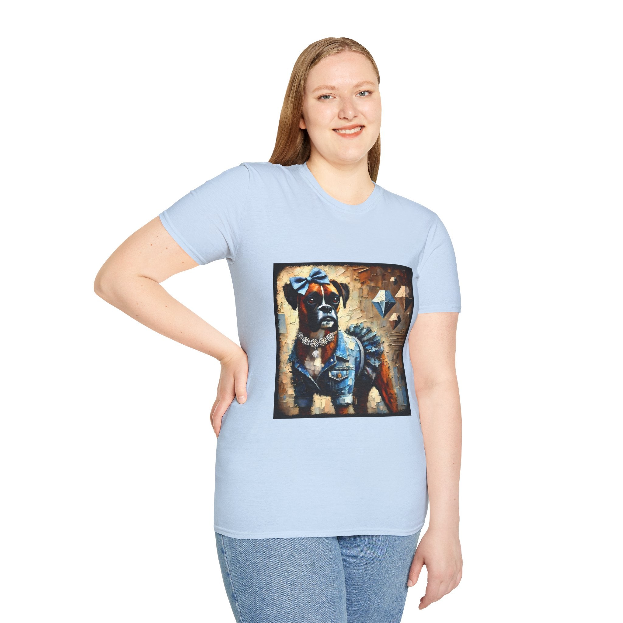 Female model in light blue dog t-shirt with boxer in denim ruffle dress, blue bow, diamond collar, and abstract gem background.