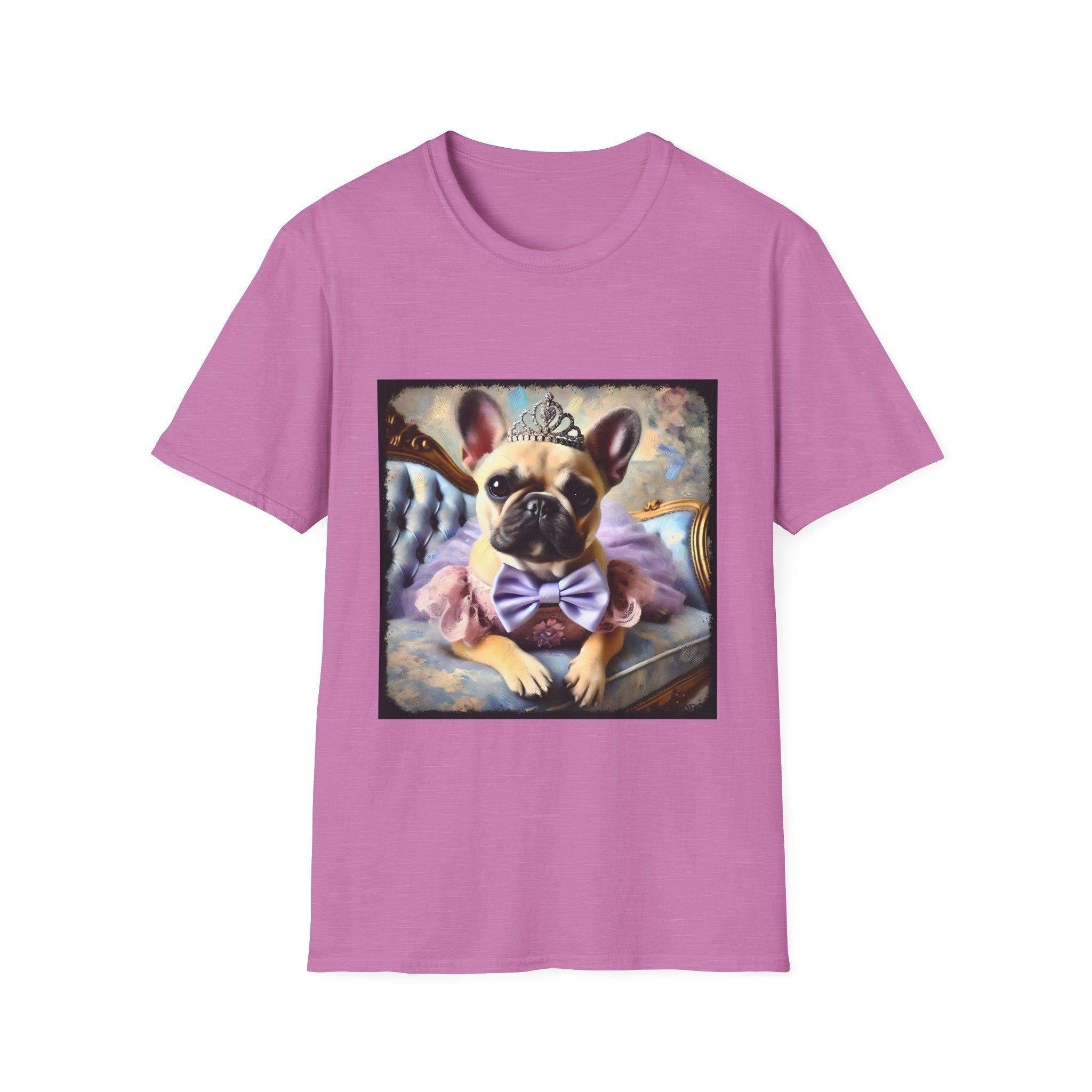 Heather orchid dog t-shirt featuring French Bulldog wearing tiara, purple tutu, and bow, seated on royal chair with pastel background.