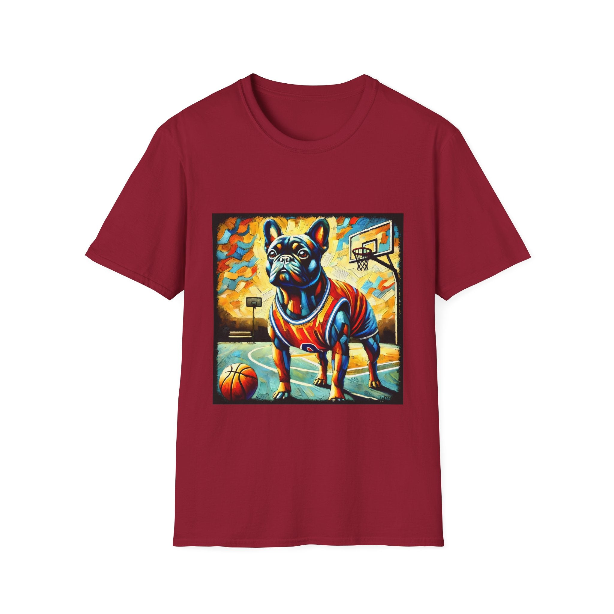 Antique cherry red dog t-shirt featuring French Bulldog in red jersey on basketball court, expressionism style.