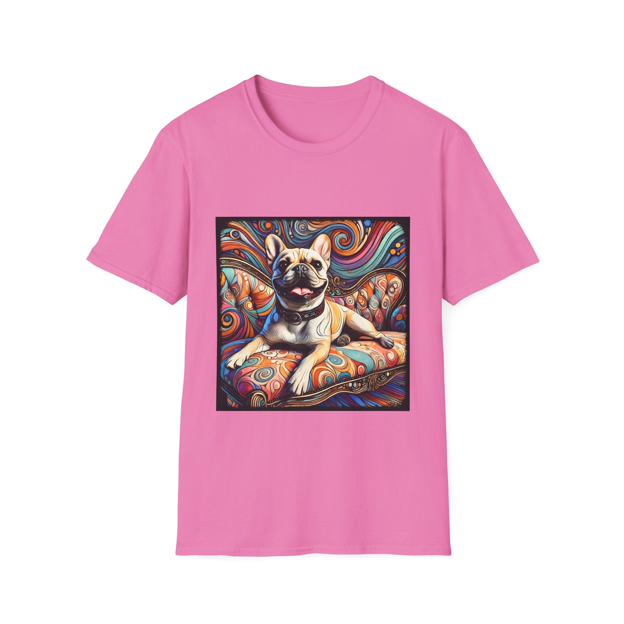 Pink dog t-shirt featuring fawn French Bulldog with spiked collar lounging on colorful swirl settee with vivid abstract background.