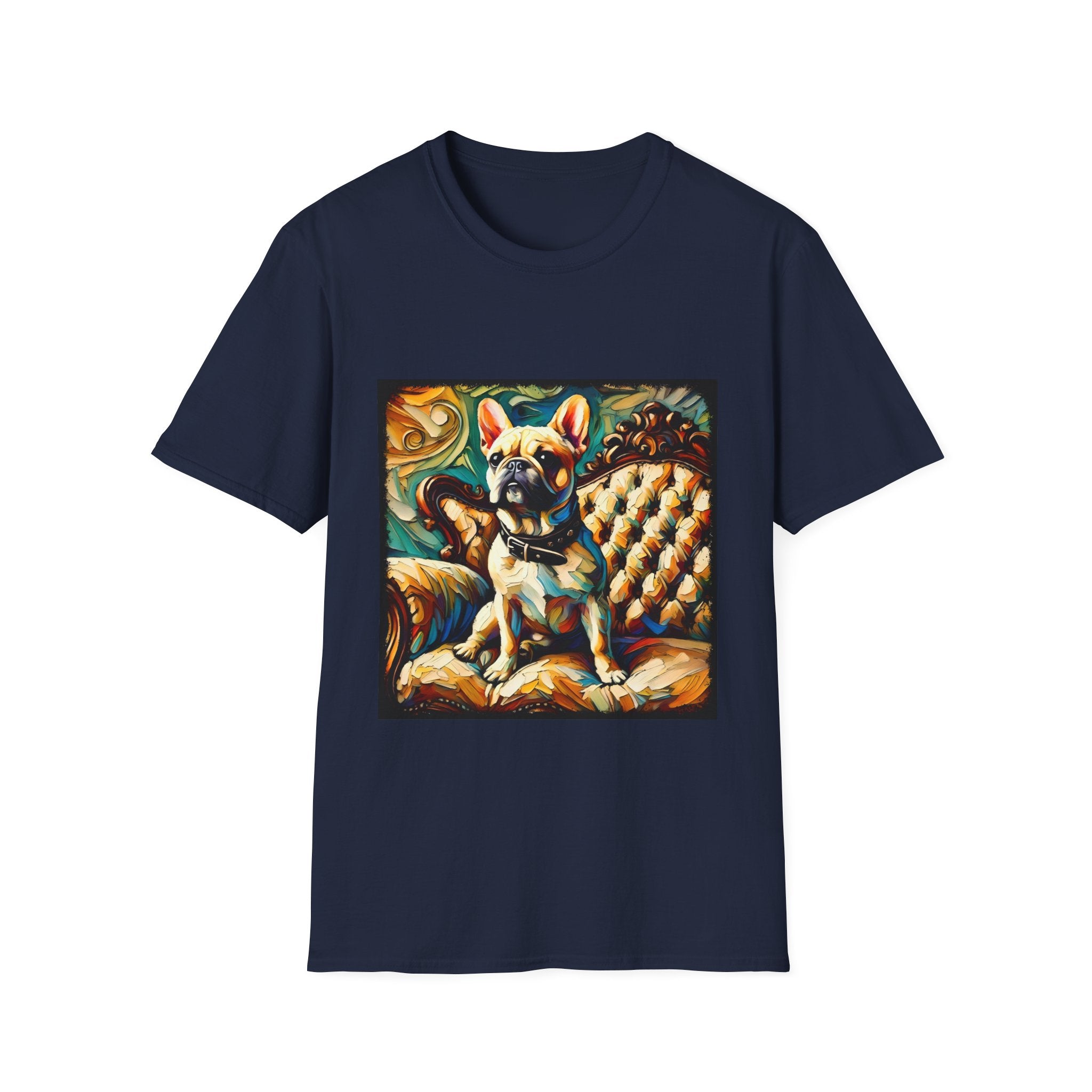Navy blue dog t-shirt featuring fawn French Bulldog with collar on golden tufted settee and bold swirl backdrop.