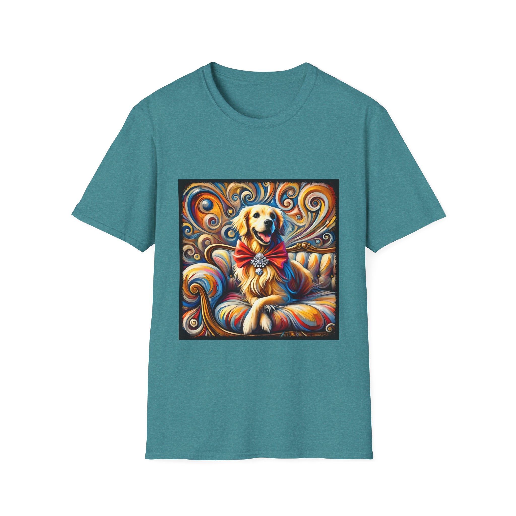 Teal dog t-shirt featuring golden retriever with red bow on colorful swirl settee background.