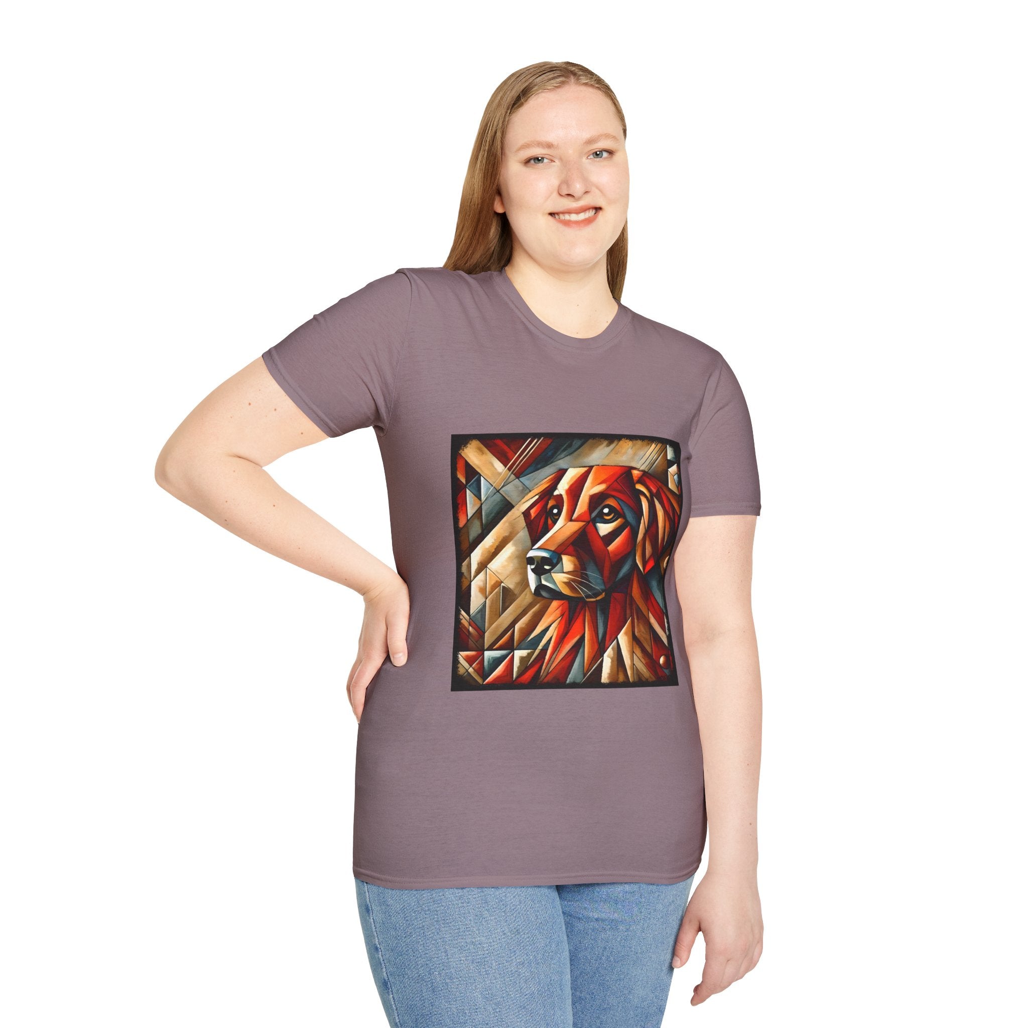 Female model in mauve dog t-shirt featuring red geometric golden retriever portrait in cubist style with bold angles.