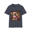 Heather navy dog t-shirt featuring fawn and white French Bulldog in pink camouflage dress and bow in ornate hallway scene.