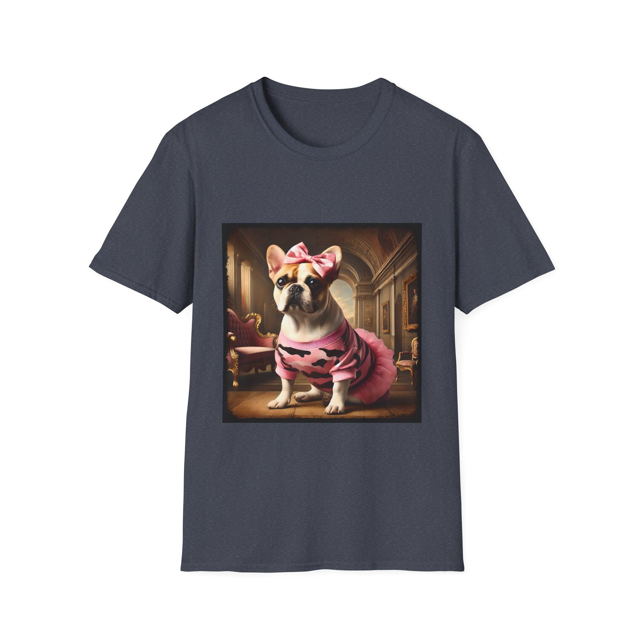 Heather navy dog t-shirt featuring fawn and white French Bulldog in pink camouflage dress and bow in ornate hallway scene.
