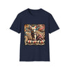 Navy blue dog t-shirt featuring cream French Bulldog in floral vest and pink bow on striped settee with swirl background.