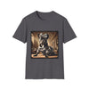 Charcoal dog t-shirt featuring black French Bulldog in camo dress and bow, set in sepia-toned palace hall.