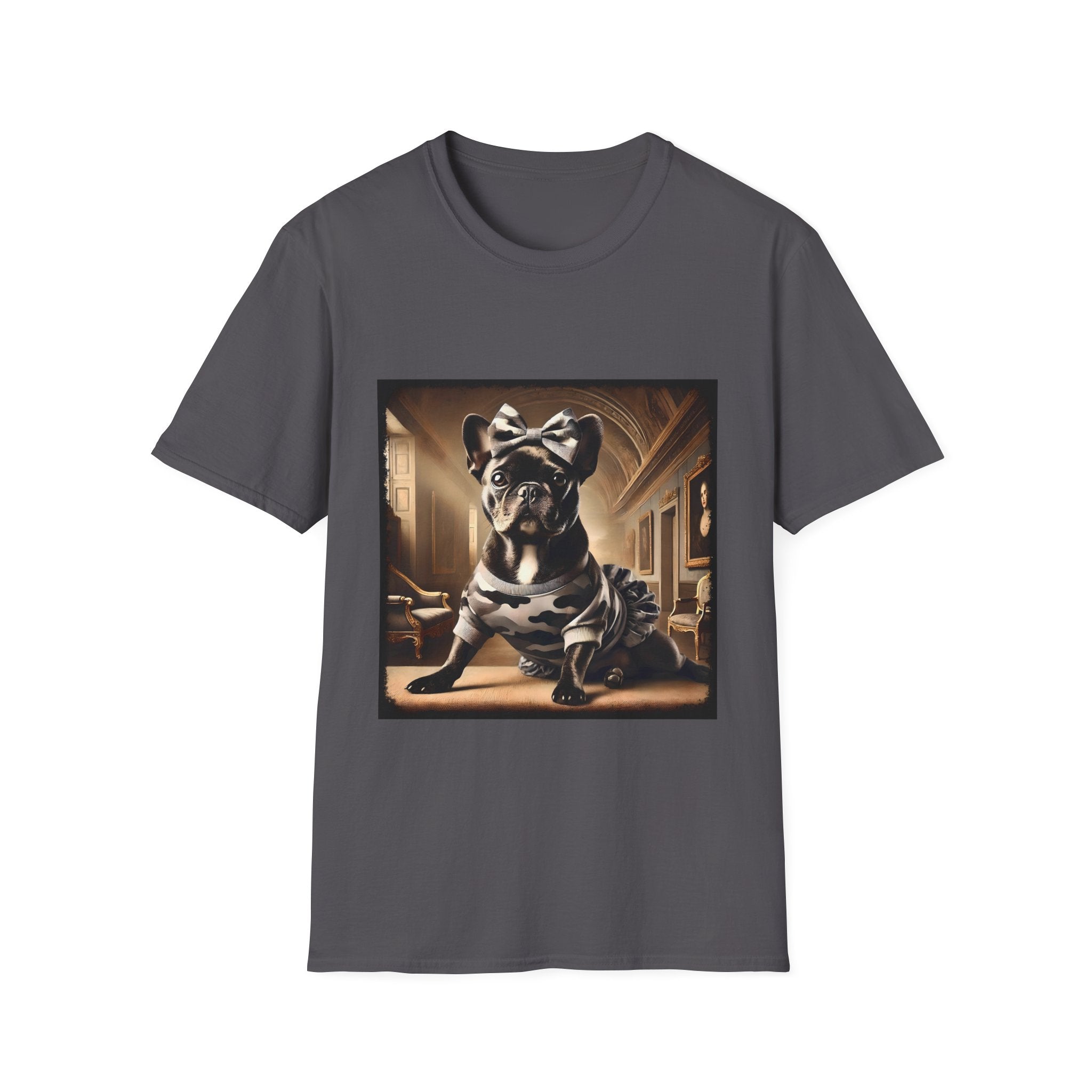 Charcoal dog t-shirt featuring black French Bulldog in camo dress and bow, set in sepia-toned palace hall.