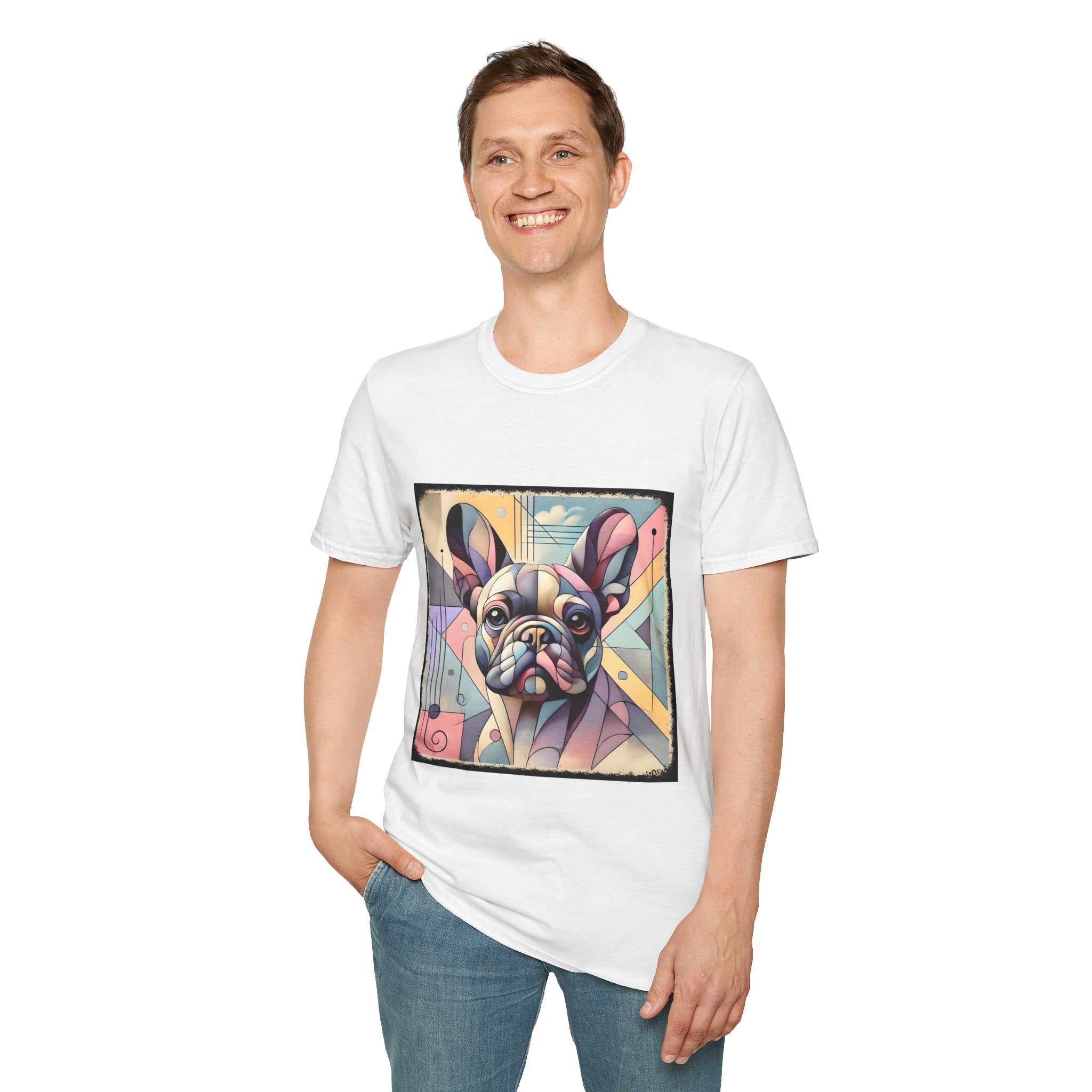 Smiling man in white shirt with Cubism-style French Bulldog design in soft pastel colors and abstract shapes.