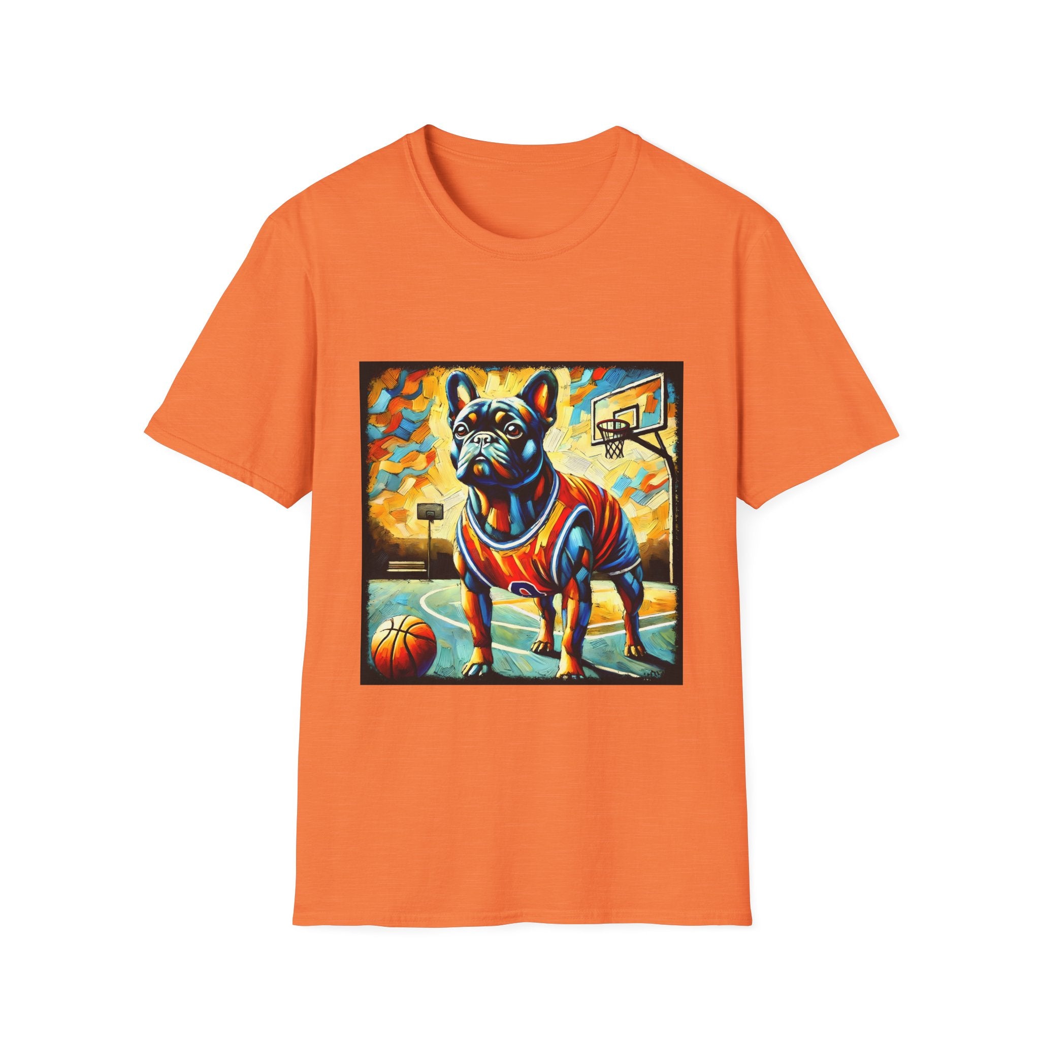 Heather orange dog t-shirt featuring French Bulldog in red jersey on basketball court, expressionism style.
