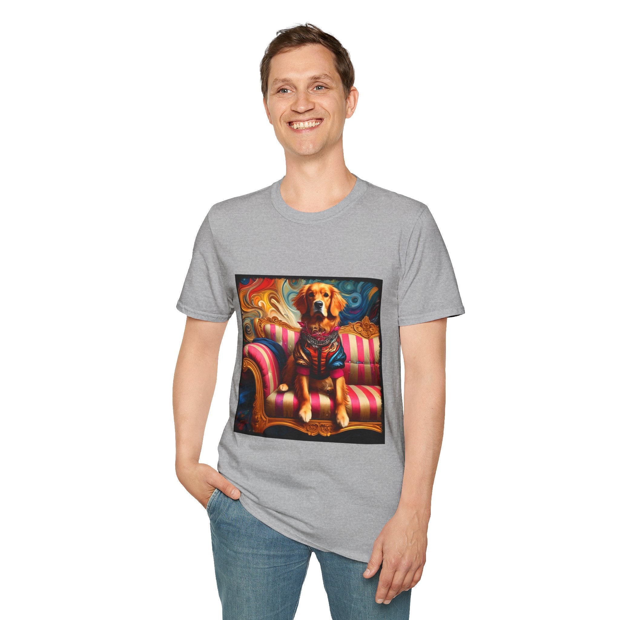 Male model in sport gray dog t-shirt with golden retriever in regal jacket on pink striped settee, swirled backdrop.