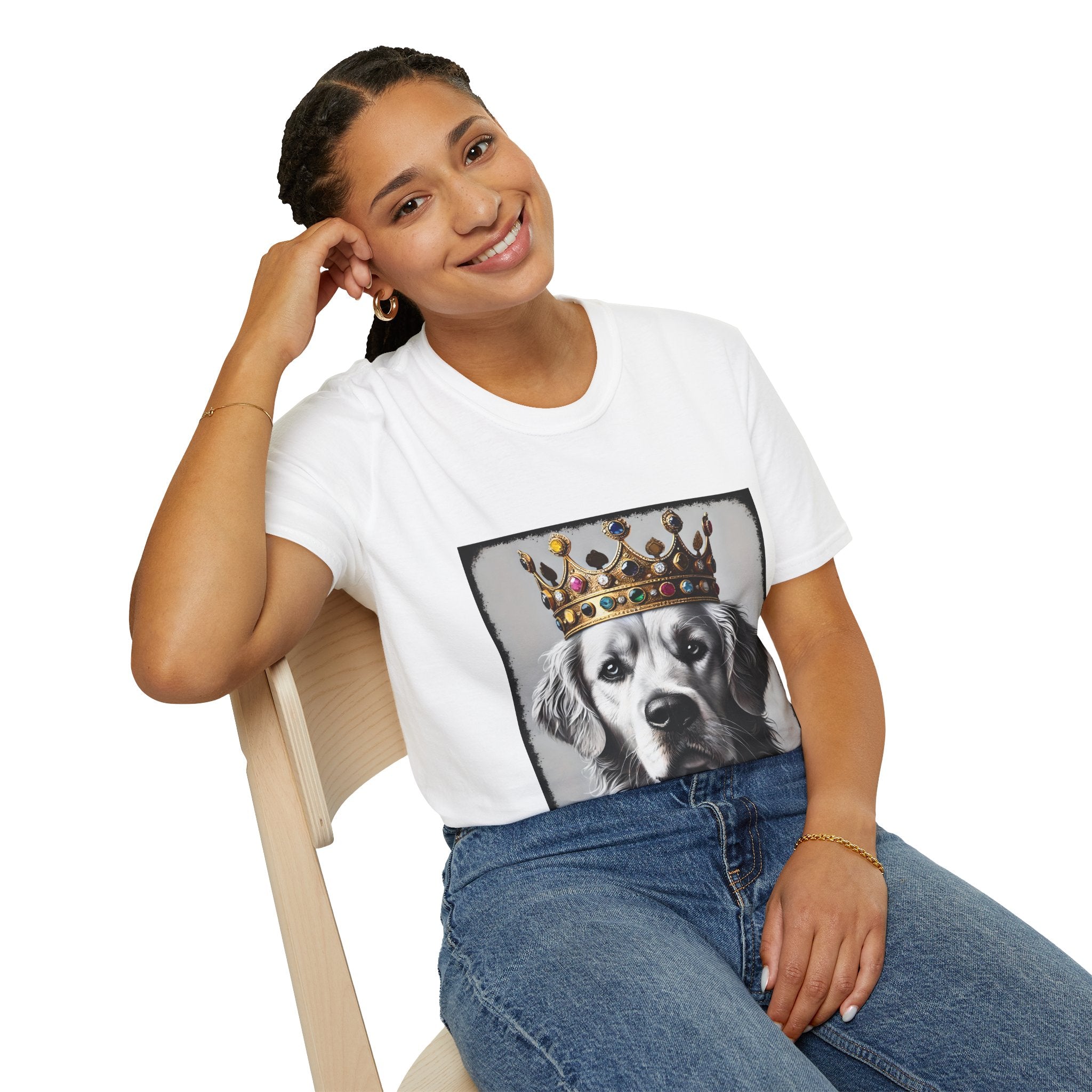 Female model in white dog t-shirt featuring a black-and-white golden retriever in jeweled crown on gray backdrop.