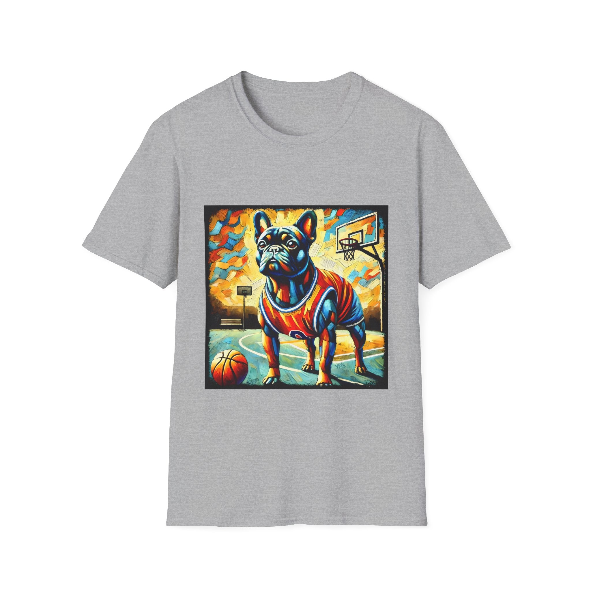 Sport gray dog t-shirt featuring French Bulldog in red jersey on basketball court, expressionism style.