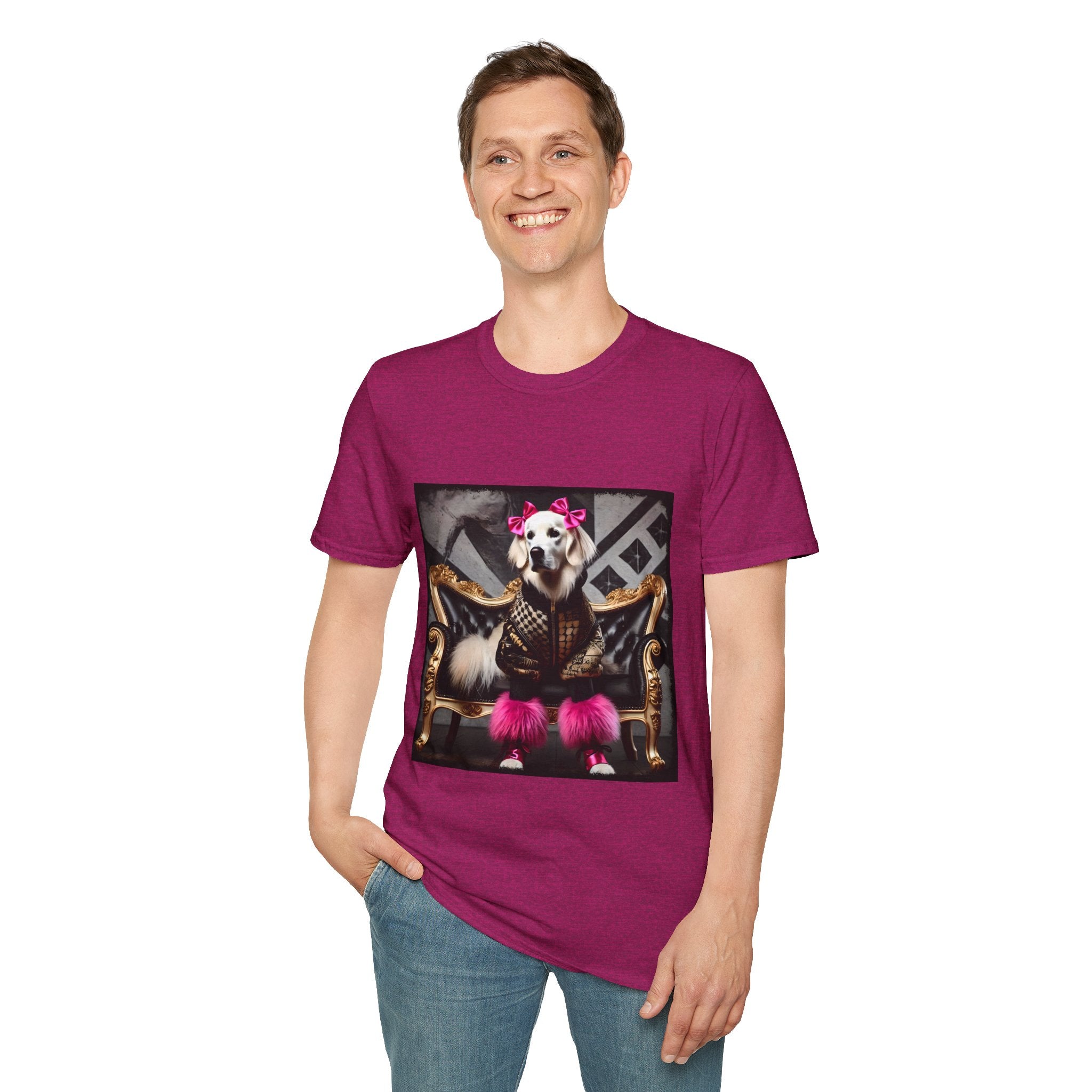 Male model in heather berry dog t-shirt featuring white dog in pink bows and boots on gold settee with edgy gray backdrop.