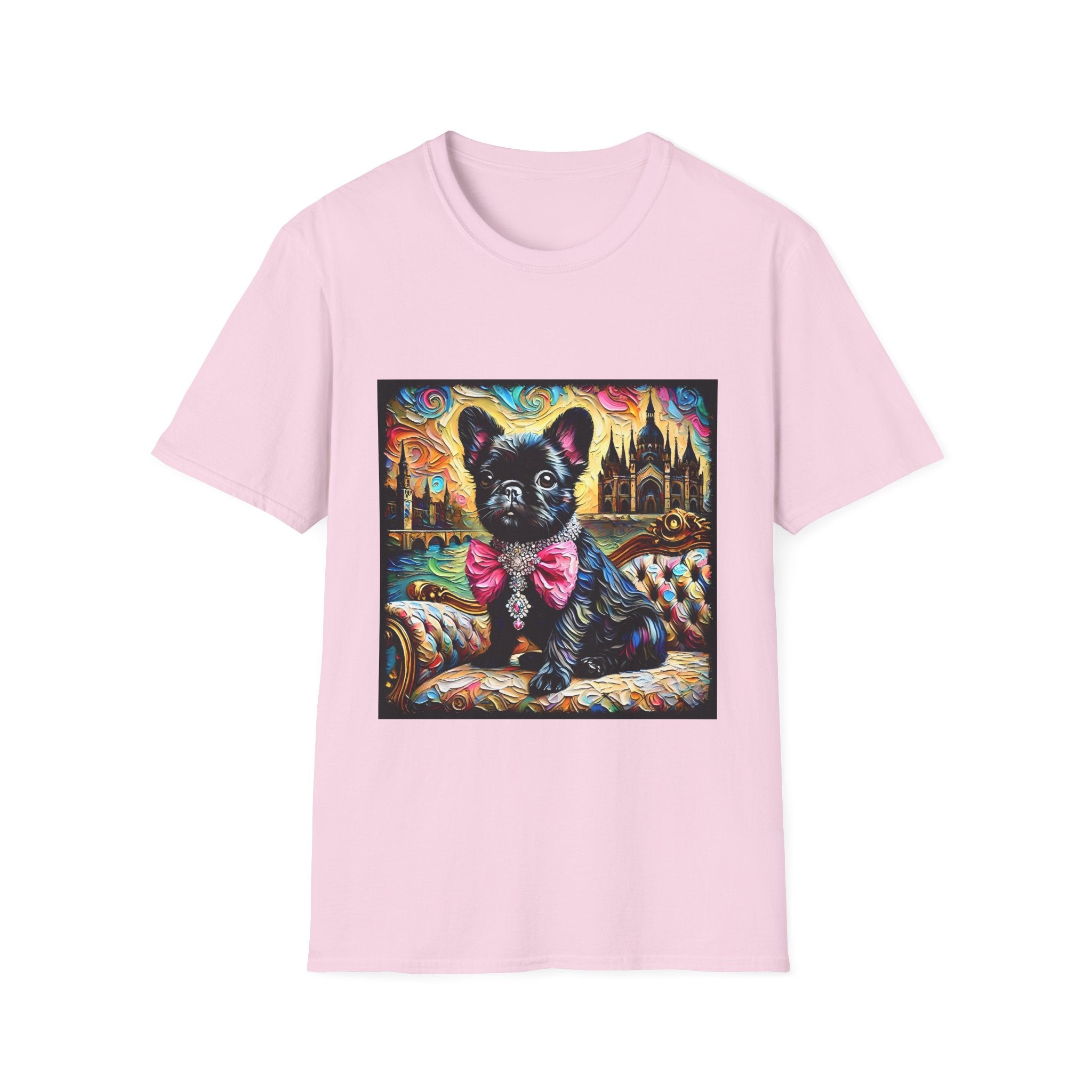 Light Pink dog t-shirt featuring black French Bulldog with jeweled pink bow, sitting on patterned settee, vivid castle swirl background.