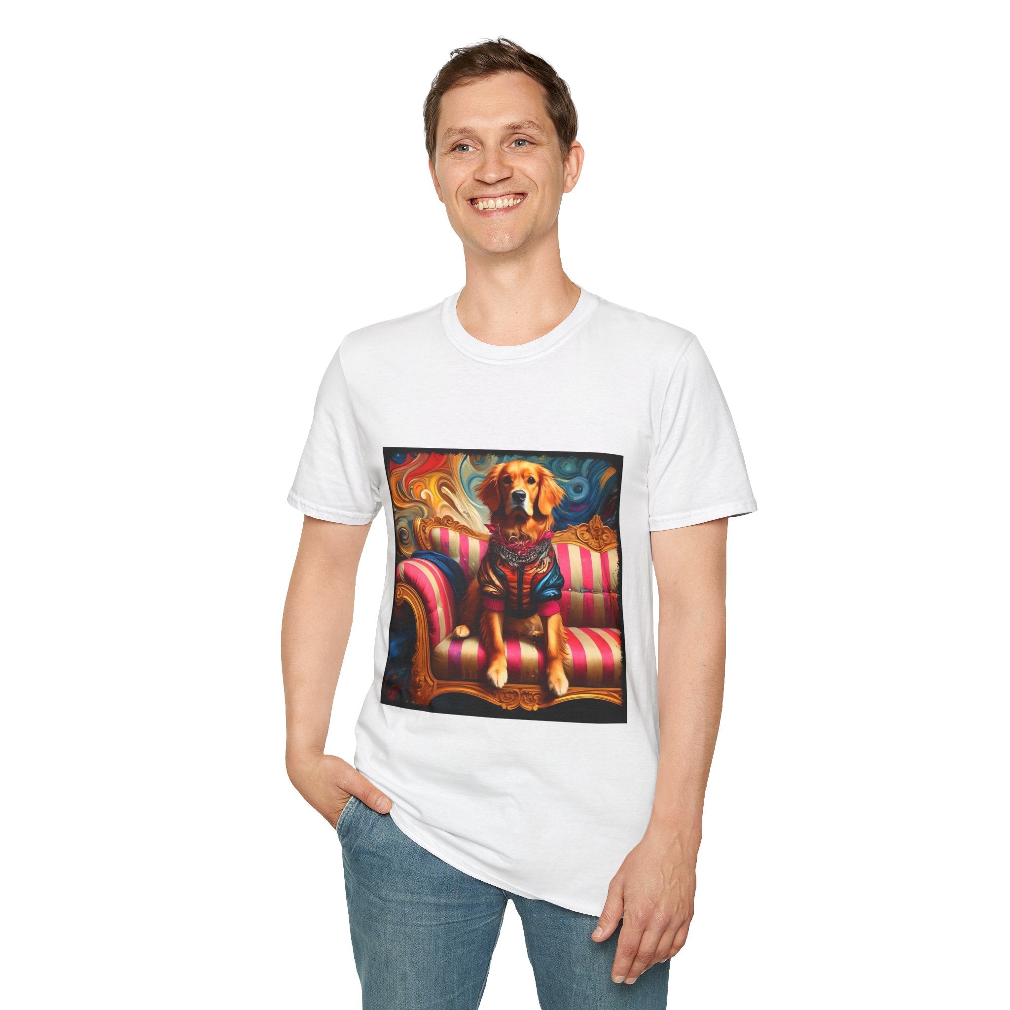 Man smiling in white dog t-shirt with golden retriever in regal jacket on pink striped settee, swirled backdrop.