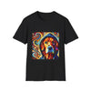 Black dog t-shirt with golden retriever in blue hoodie, bold swirls in red, orange, and teal behind.