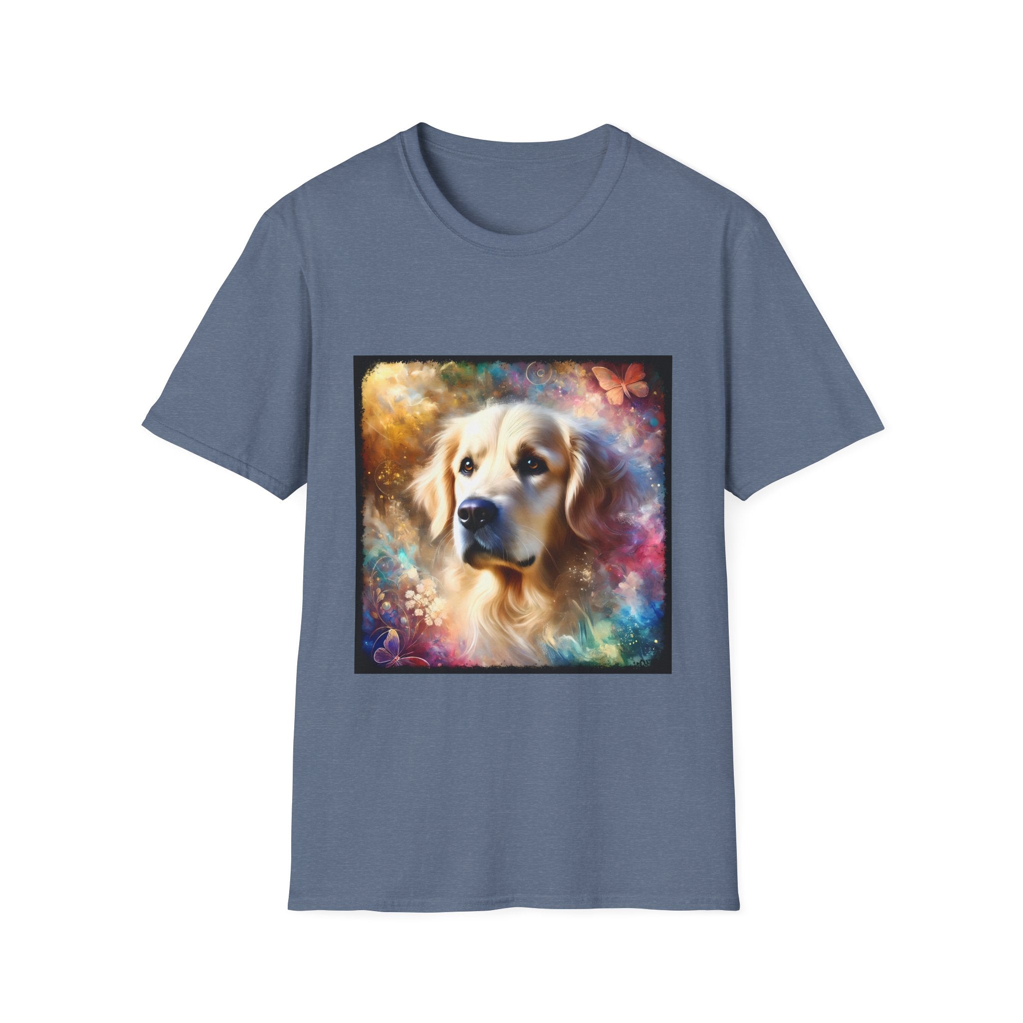 Heather indigo dog t-shirt with golden retriever portrait, soft fur, butterflies, and dreamy pastel colors.