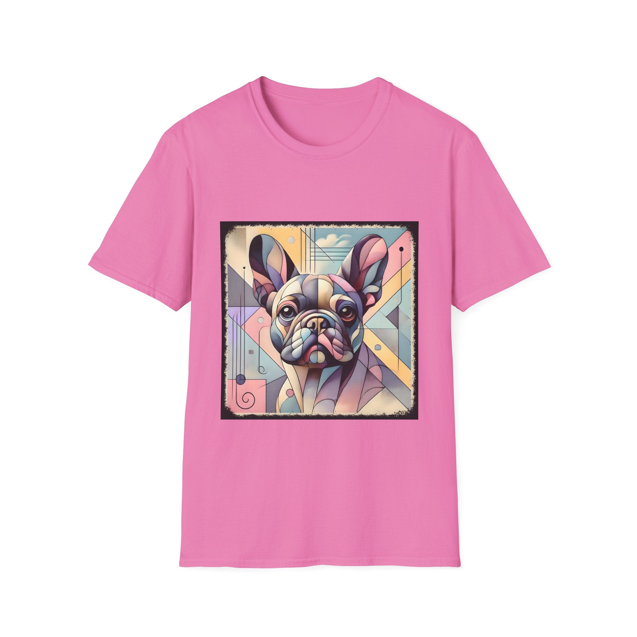 Pink shirt with Cubism-style French Bulldog design in soft pastel colors and abstract shapes.