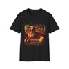 Black dog t-shirt with golden retriever on red settee, pearl collar, and regal columned backdrop.