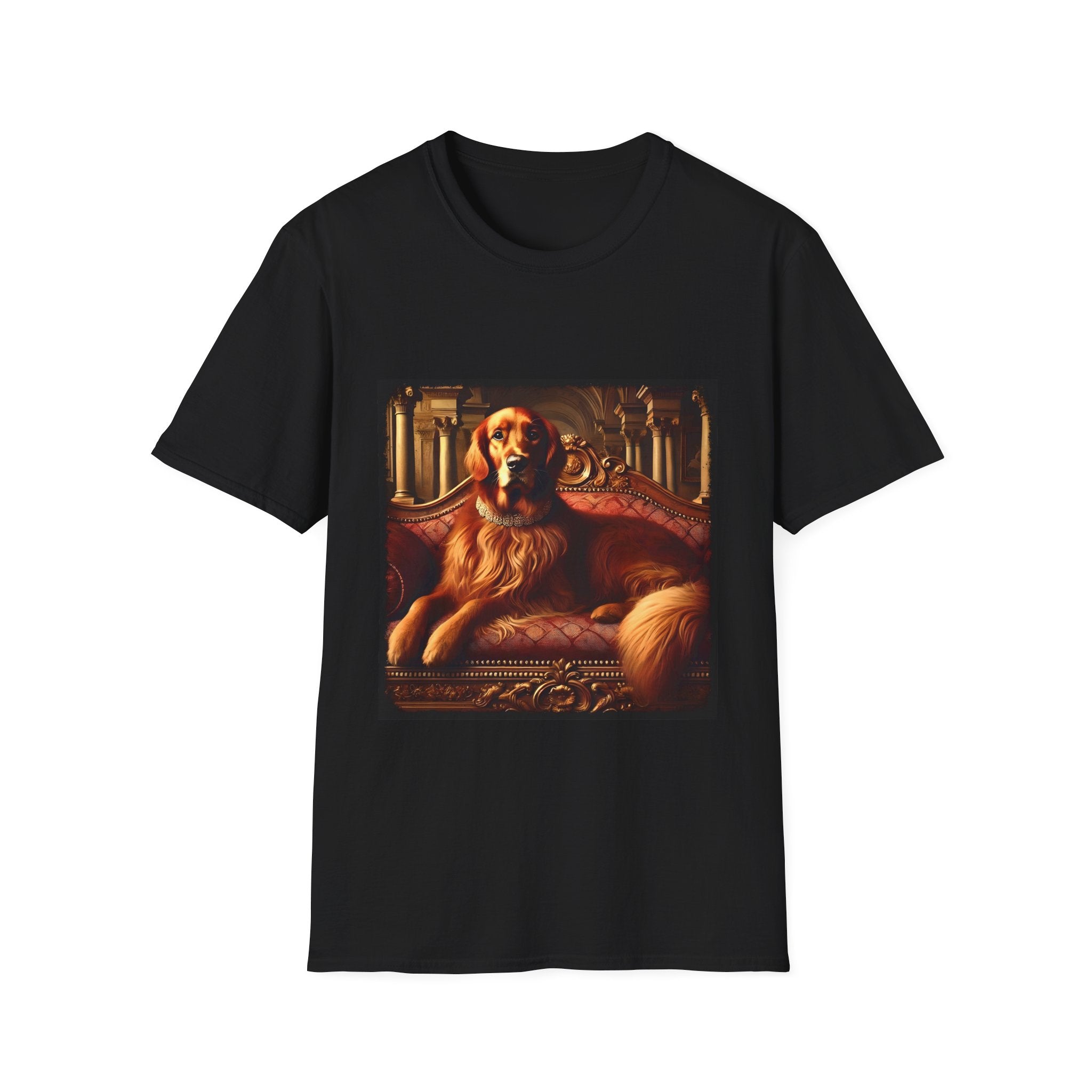 Black dog t-shirt with golden retriever on red settee, pearl collar, and regal columned backdrop.