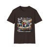 Dark Chocolate t-shirt featuring rainbow French Bulldog on golden settee with swirl pattern, expressionism style.