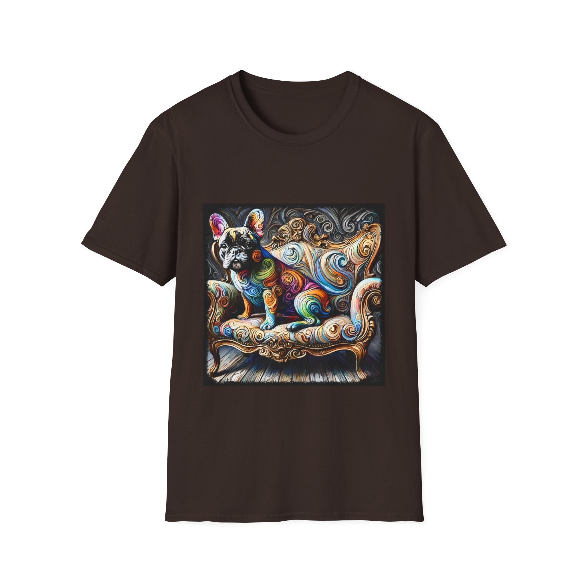 Dark Chocolate t-shirt featuring rainbow French Bulldog on golden settee with swirl pattern, expressionism style.