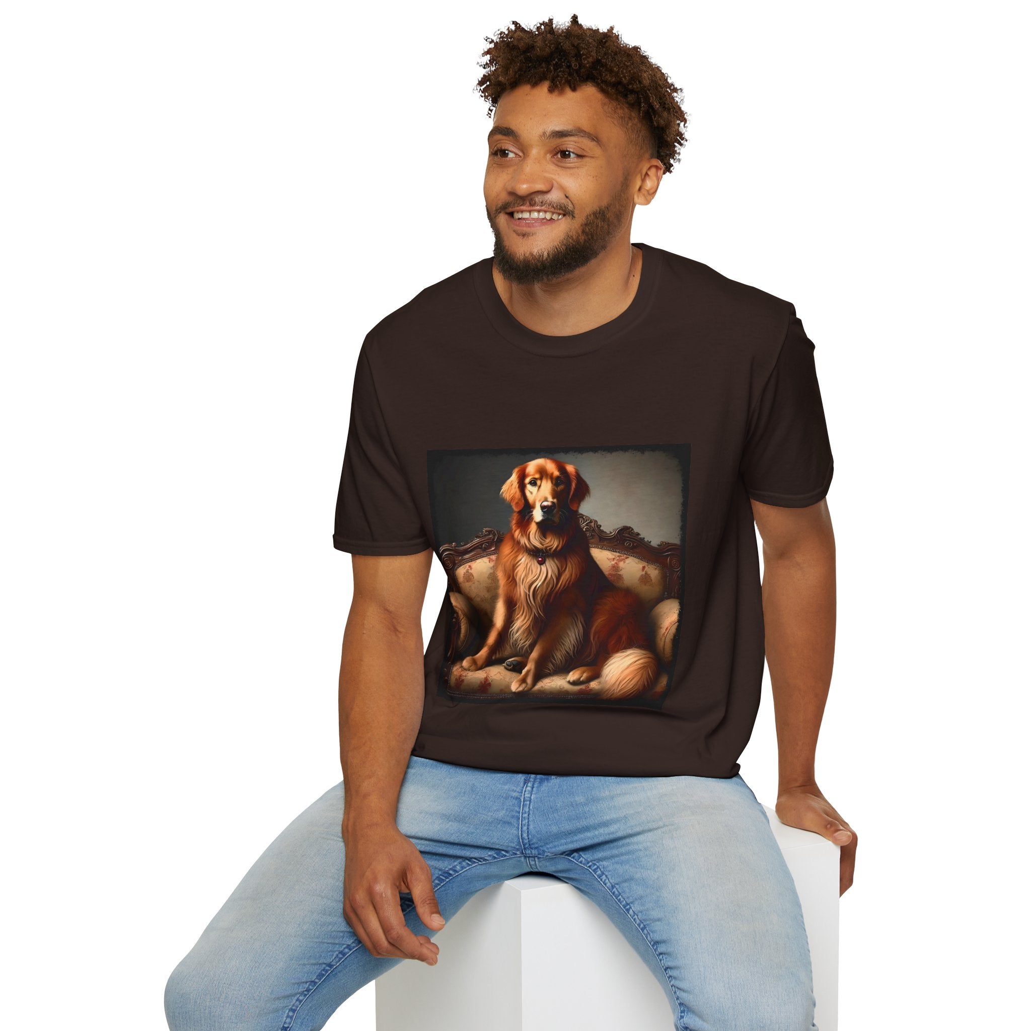 Male model in dark chocolate dog t-shirt featuring golden retriever on ornate settee with long fur and classic red tones.