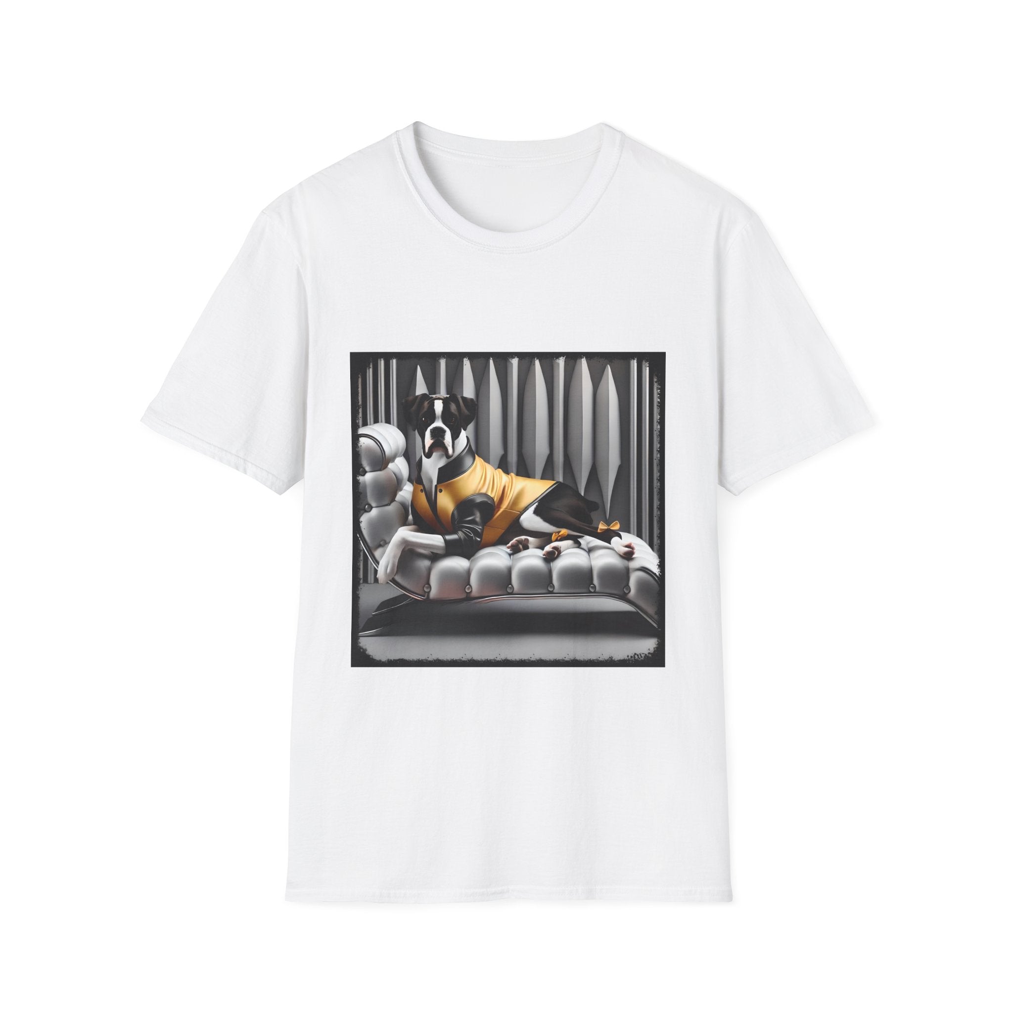 White dog t-shirt featuring a black and white boxer lounging on silver tufted couch in yellow jacket with striped wall.