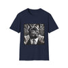 Navy blue dog t-shirt featuring black French Bulldog in suit with swirl background, monochrome style.