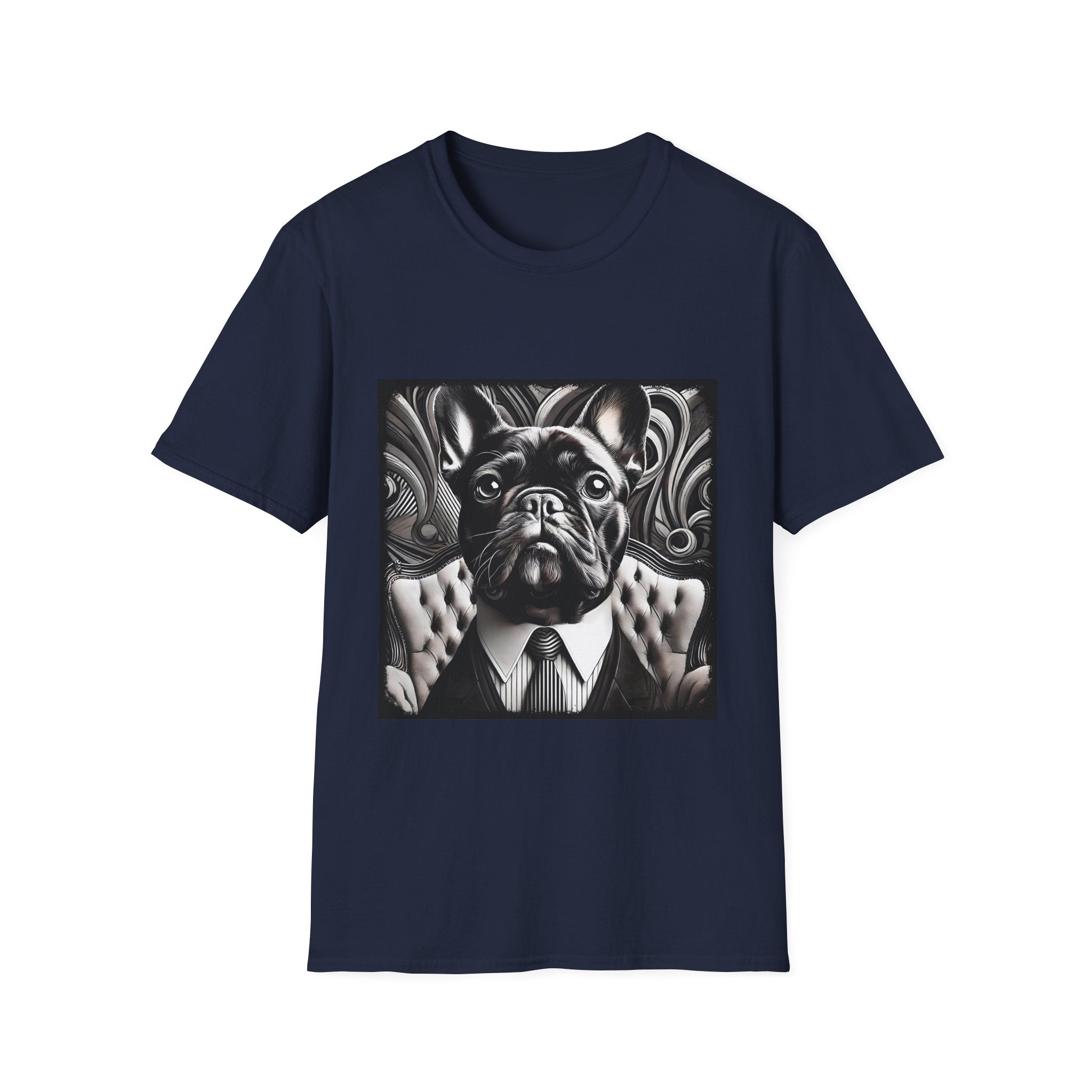 Navy blue dog t-shirt featuring black French Bulldog in suit with swirl background, monochrome style.