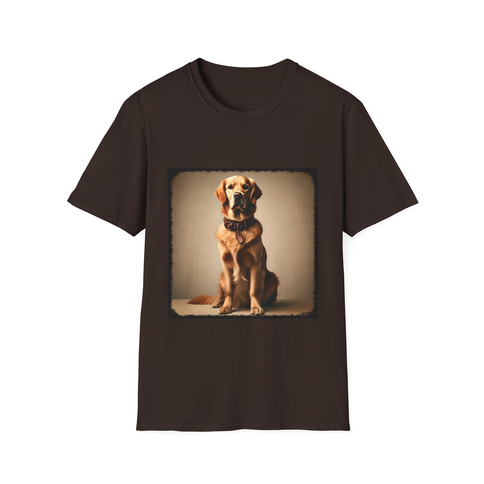 Dark chocolate dog t-shirt featuring golden retriever in brown collar, seated against a neutral tan backdrop.