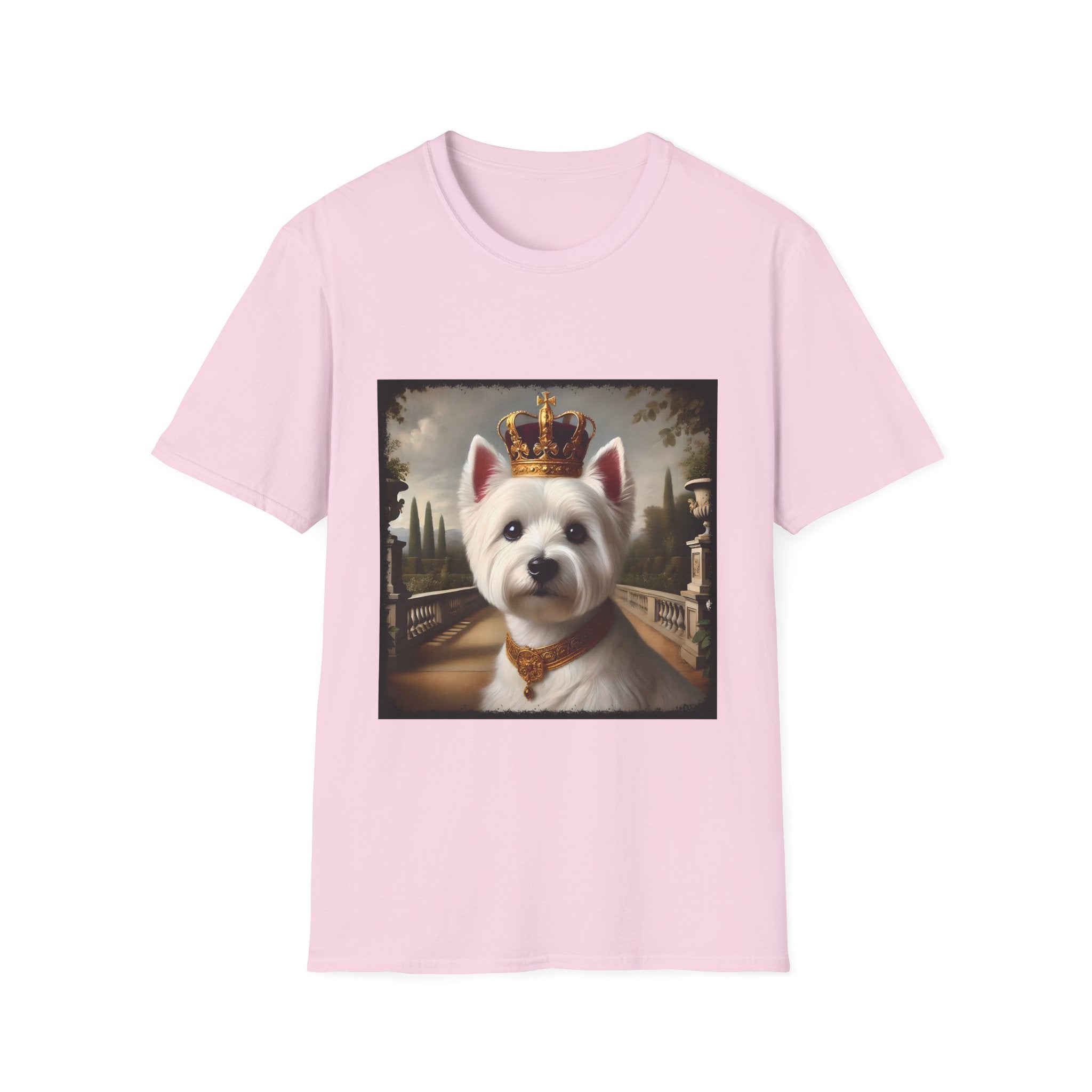 Light pink dog t-shirt featuring regal Westie in gold crown and collar on palace terrace background.