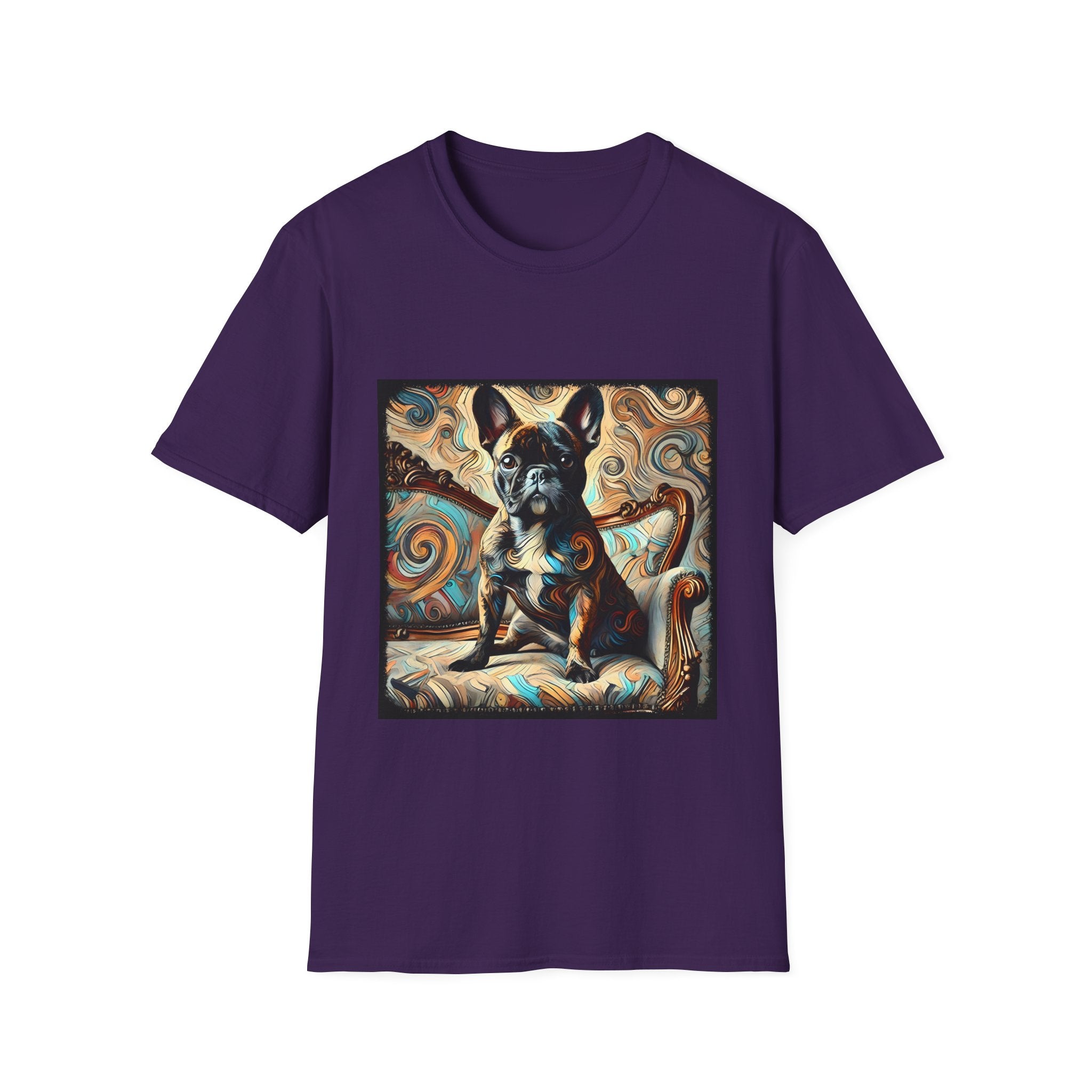 Purple dog t-shirt featuring black and tan French Bulldog on ornate settee with swirl pattern background.