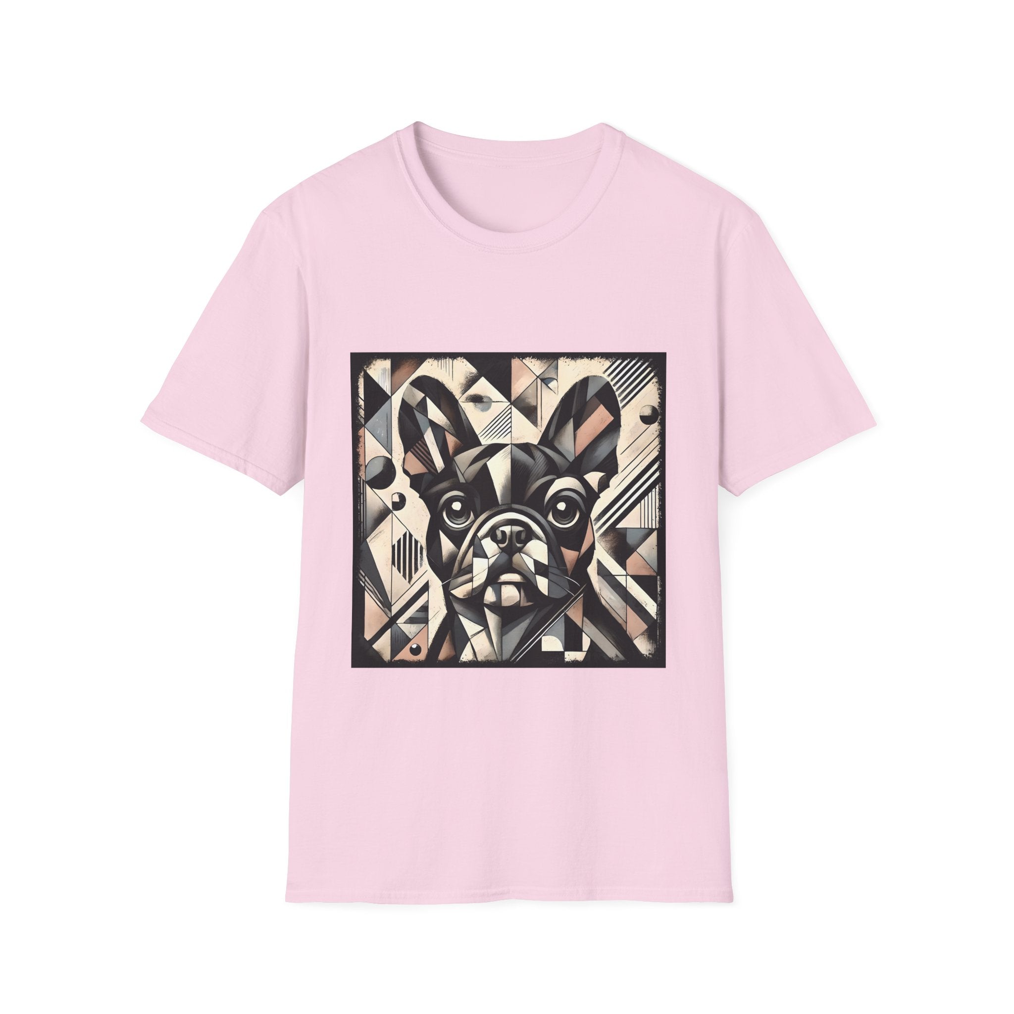 Light pink dog t-shirt featuring geometric French Bulldog in cubist tones of black, beige, cream, and soft blush.