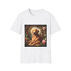 White dog t-shirt featuring golden retriever lounging under stone arch, surrounded by roses and greenery.