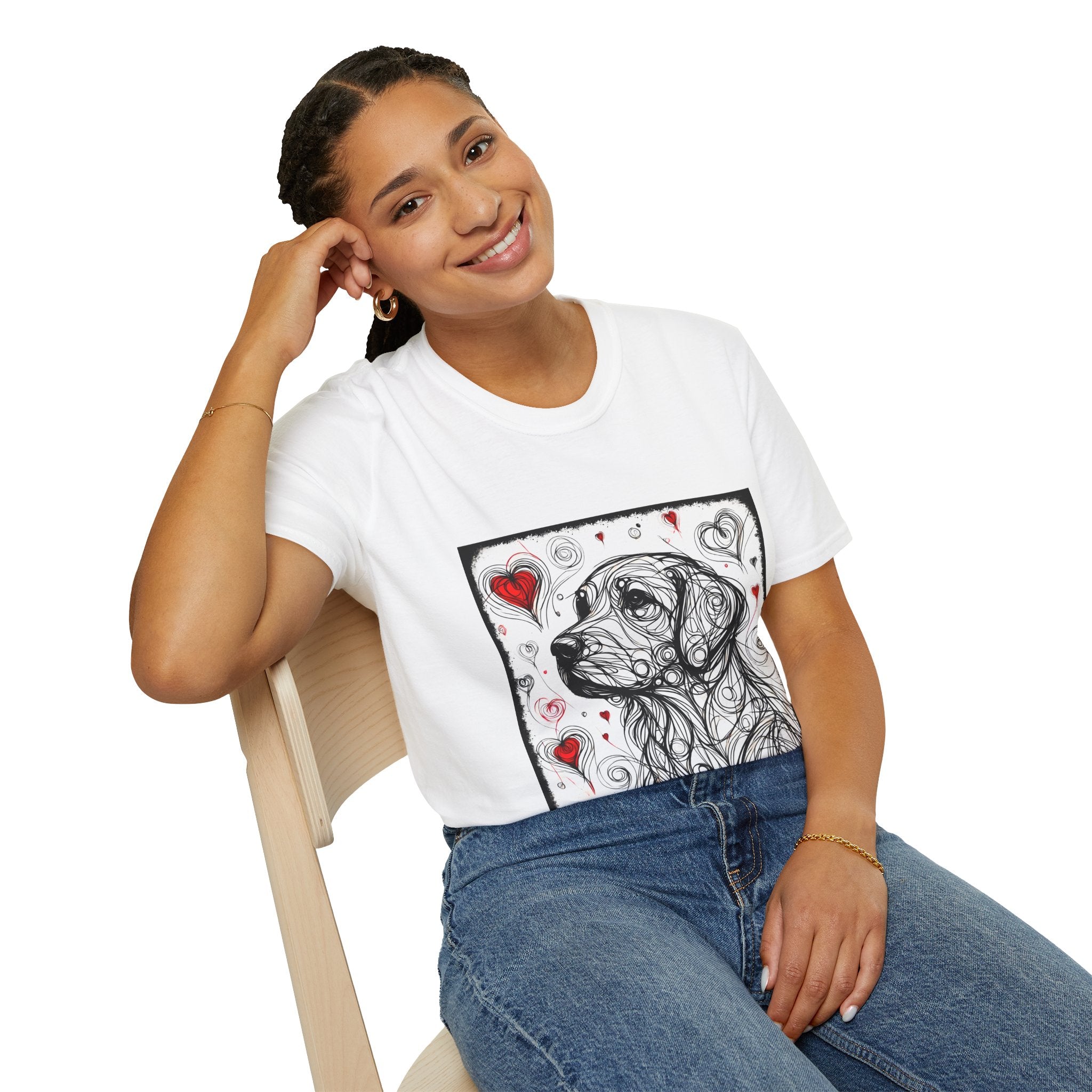 Female model in white dog t-shirt with golden retriever line art and red hearts on white background with swirling abstract pattern.