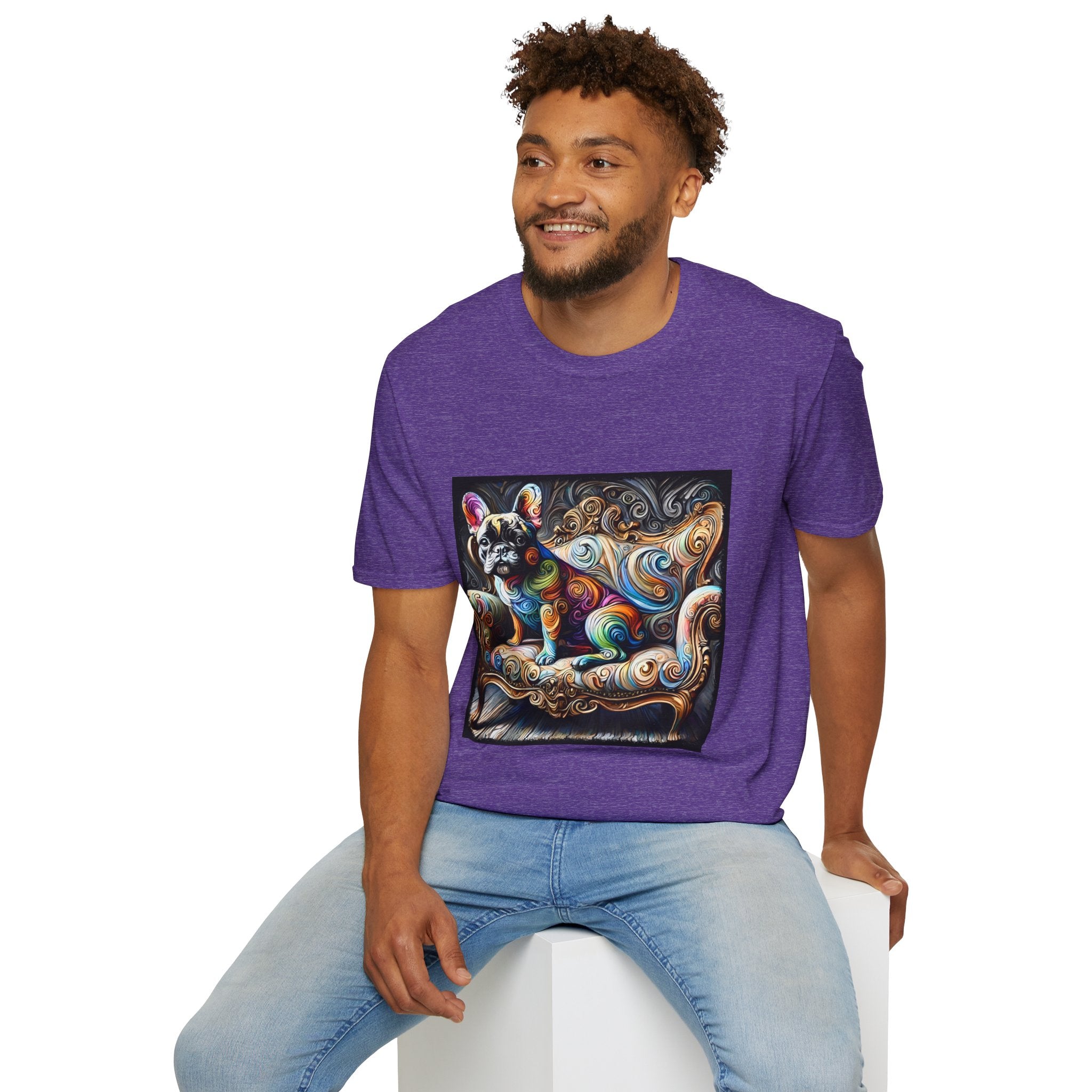 Male model in heather purple t-shirt featuring rainbow French Bulldog on golden settee with swirl pattern, expressionism style.